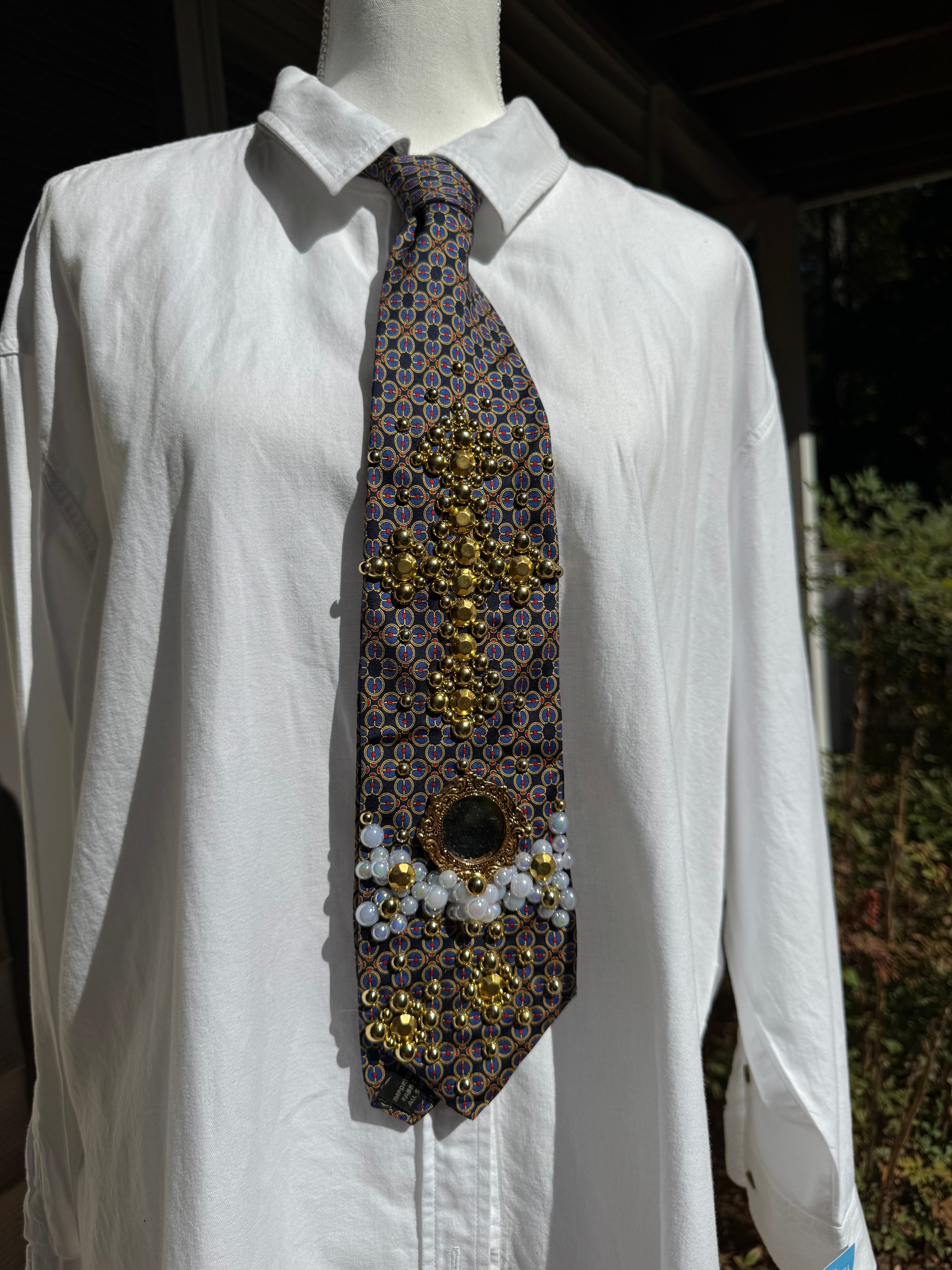 Navy Blue and Gold Renaissance Mirror and Golden Cross High Class Royalty Church Tie