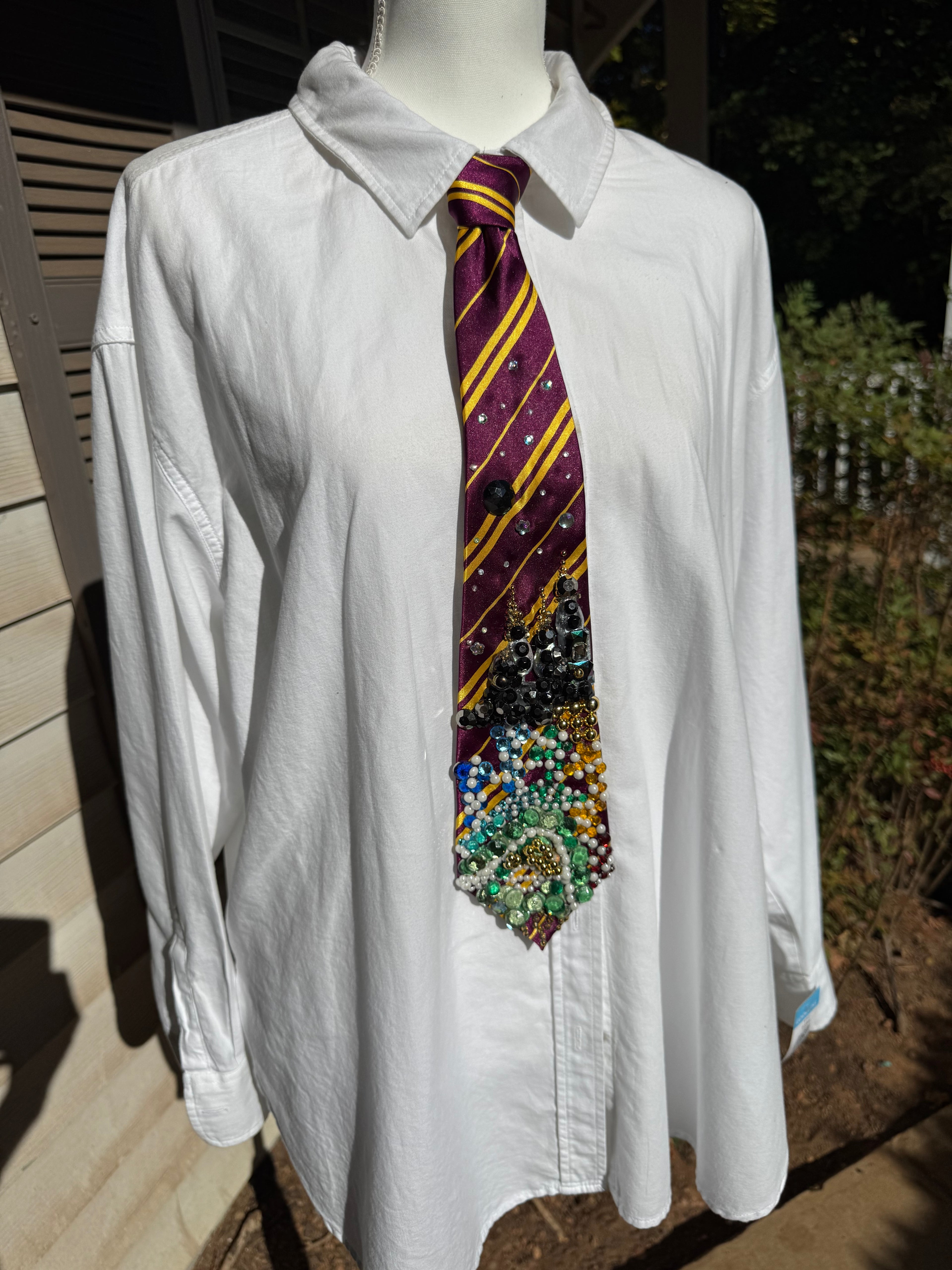 Burgundy and Gold Silk Striped Quidditch Stadium and Hogwarts Castle Harry Potter Tie