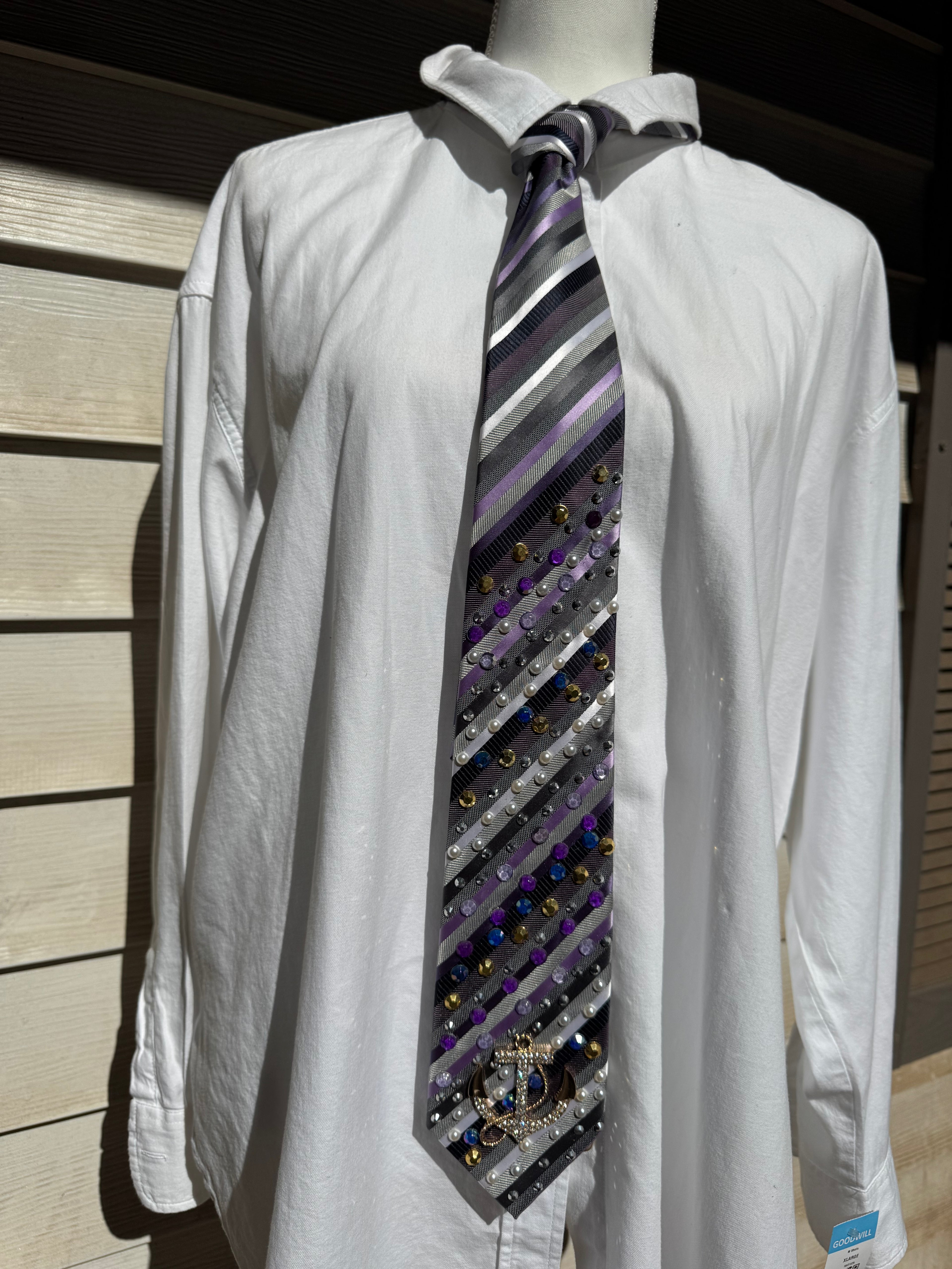 Purple and Grey Striped Anchored Nautical Tie