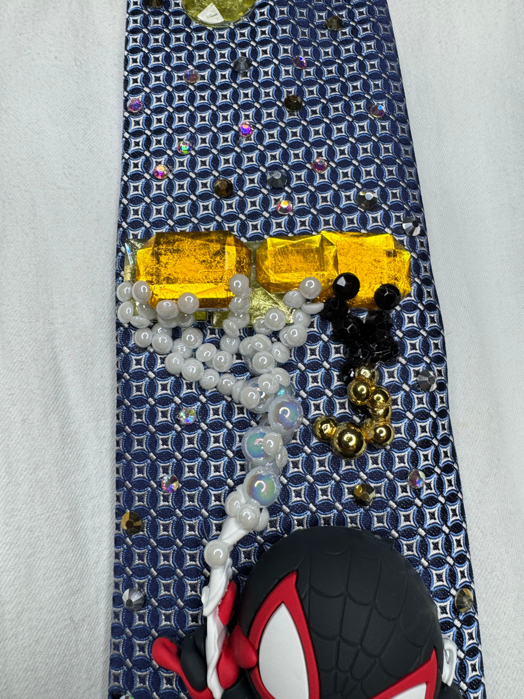 Blue Miles Morales Webbing Himself to Crane In City Spiderman Tie
