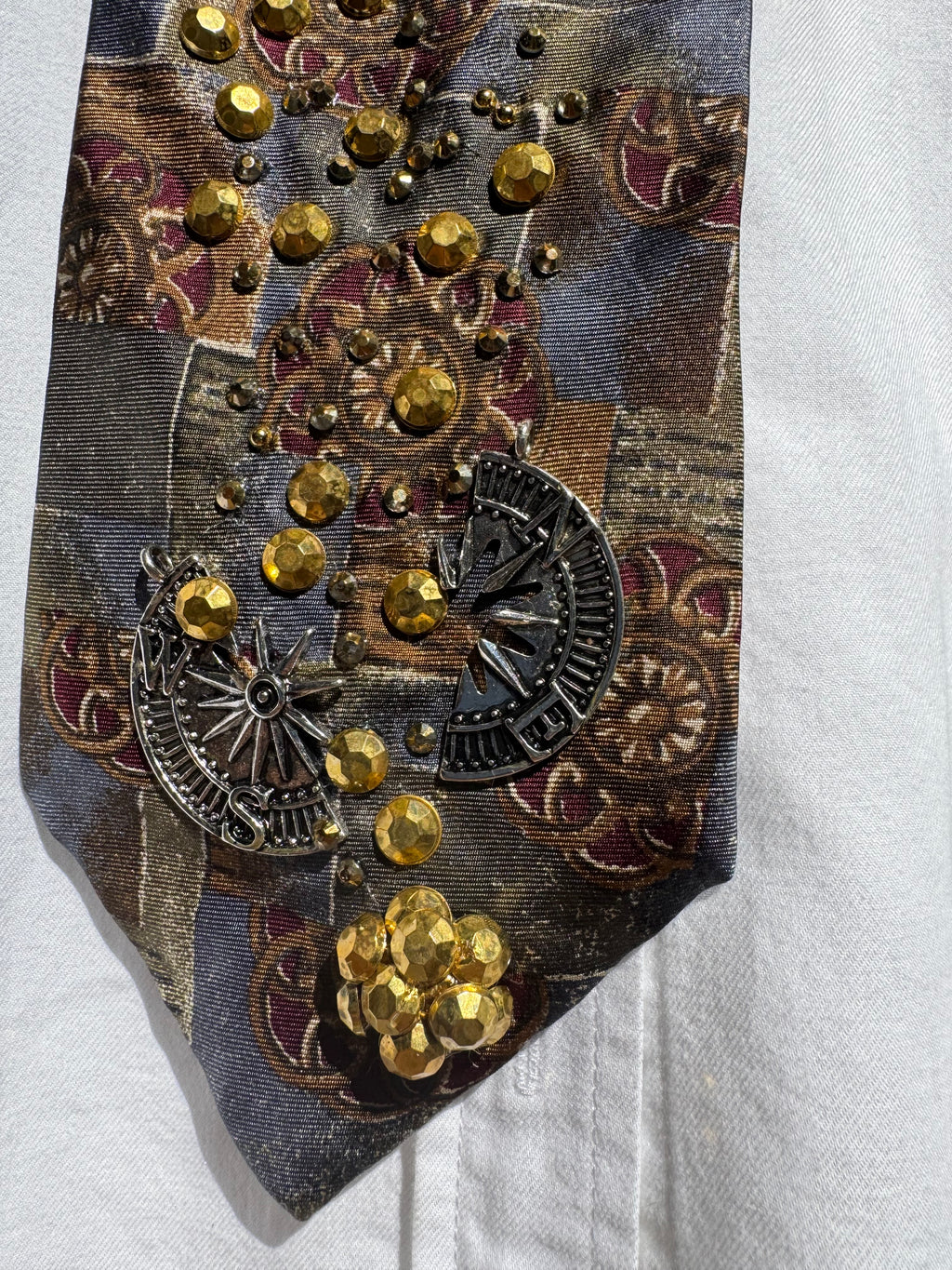 Gold and Grey Renaissance Printed Gold Asteroid Breaking Compass Space Royalty Tie