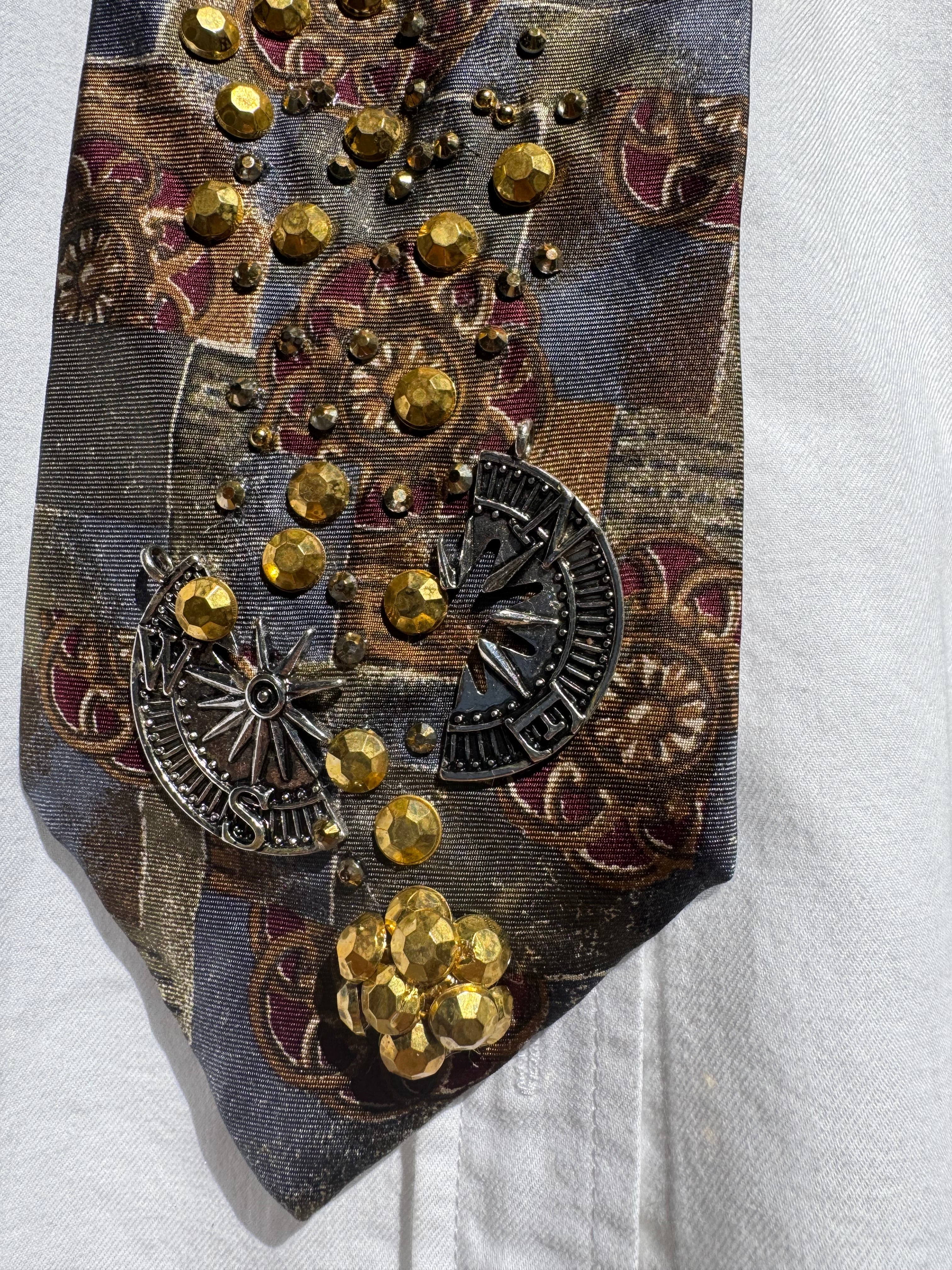 Gold and Grey Renaissance Printed Gold Asteroid Breaking Compass Space Royalty Tie