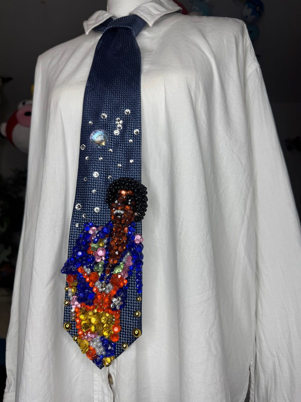 Navy Blue Young Michael Jackson Diamond Print Outfit at Astrodome Jackson 5 1974 Tie