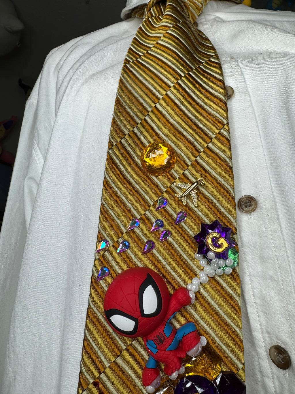 Yellow and Gold Spiderman Saving Burning HQ Building Tie