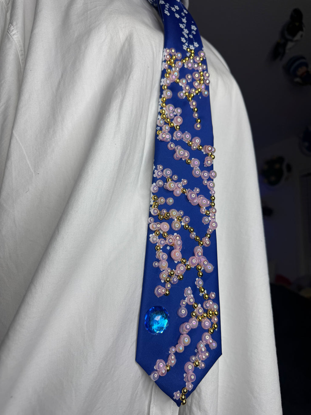 Blue Gold Branch Cherry Blossoms Nature Royalty Tie