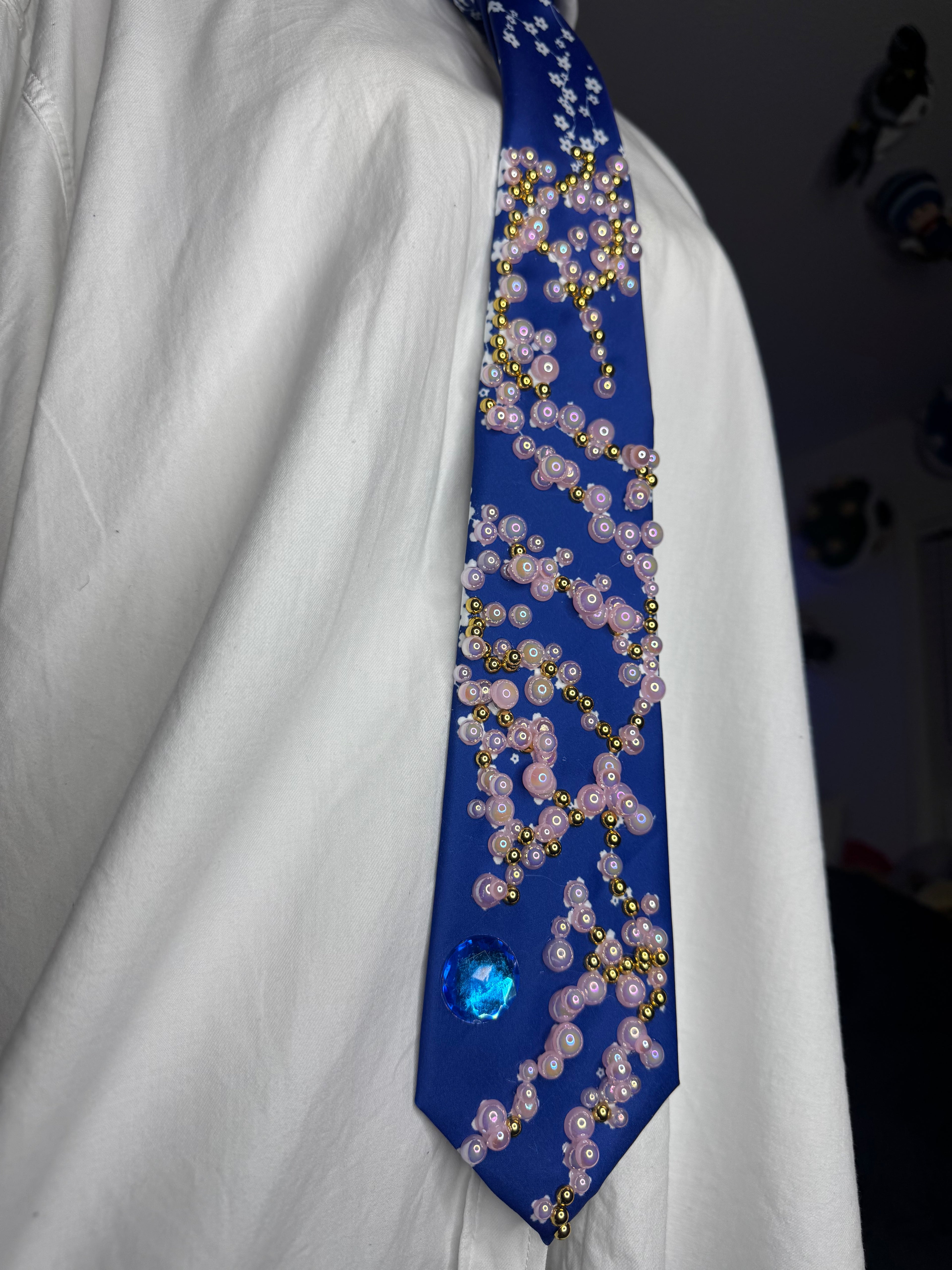 Blue Gold Branch Cherry Blossoms Nature Royalty Tie