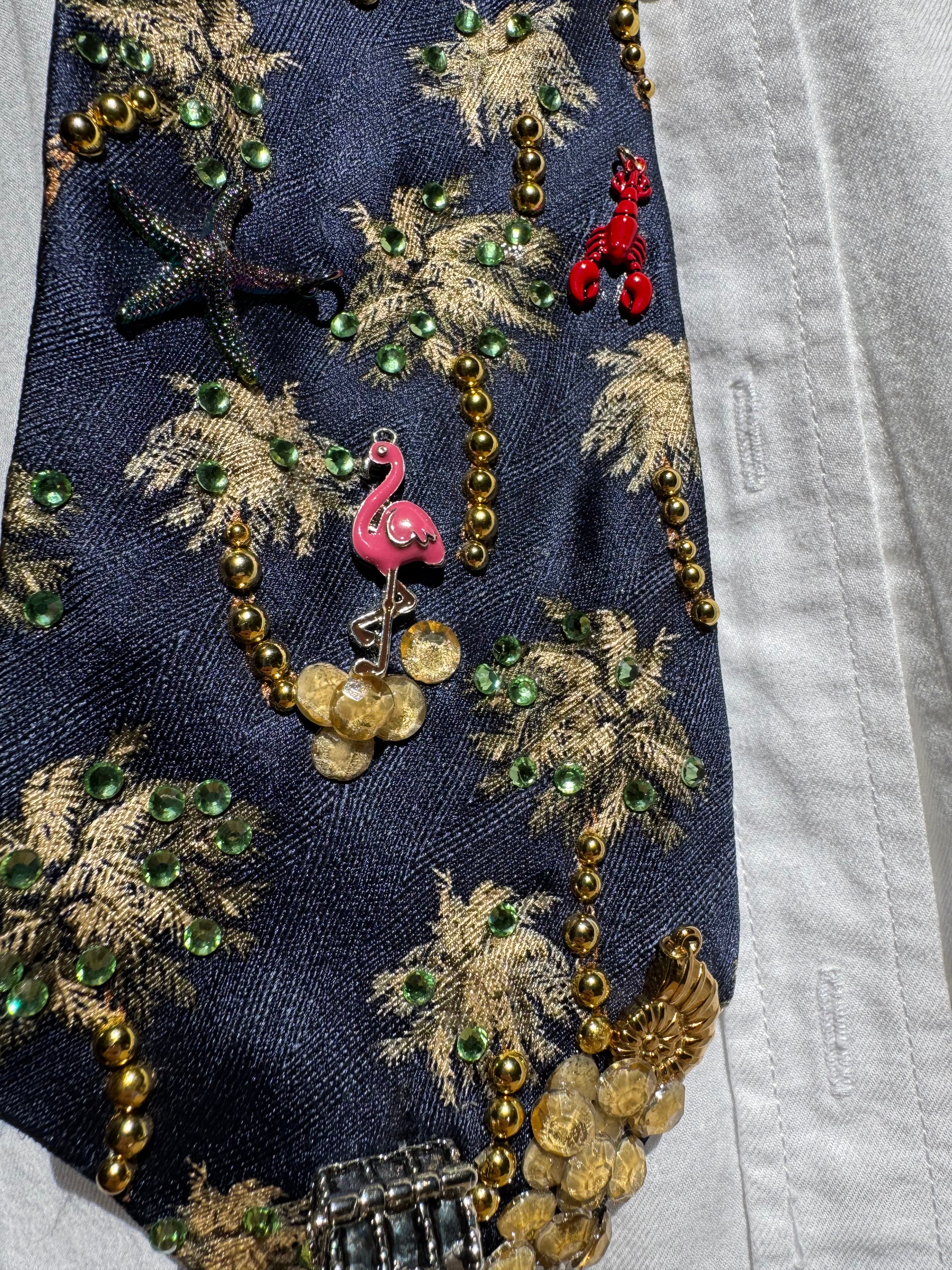 Navy Blue Palm Trees Tropical Royalty Nature Tie