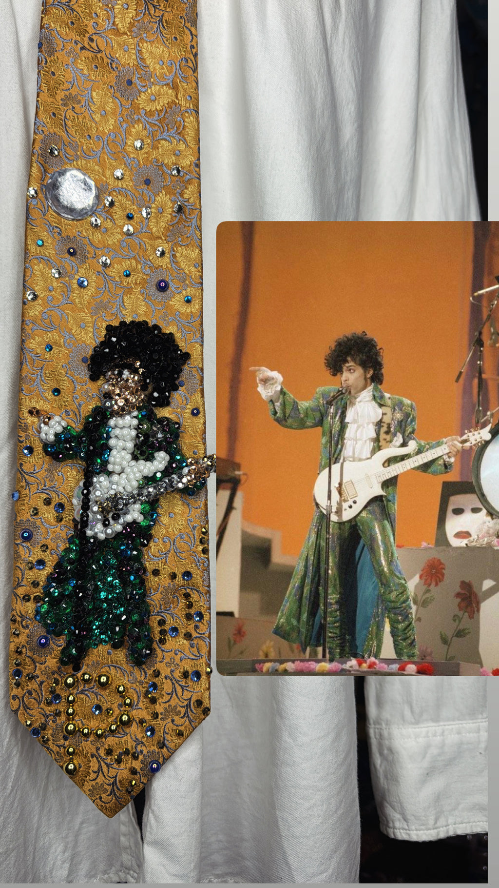 Gold Paisley Prince Pointing With White Guitar Performing Purple Rain at the AMA 1985 Tie
