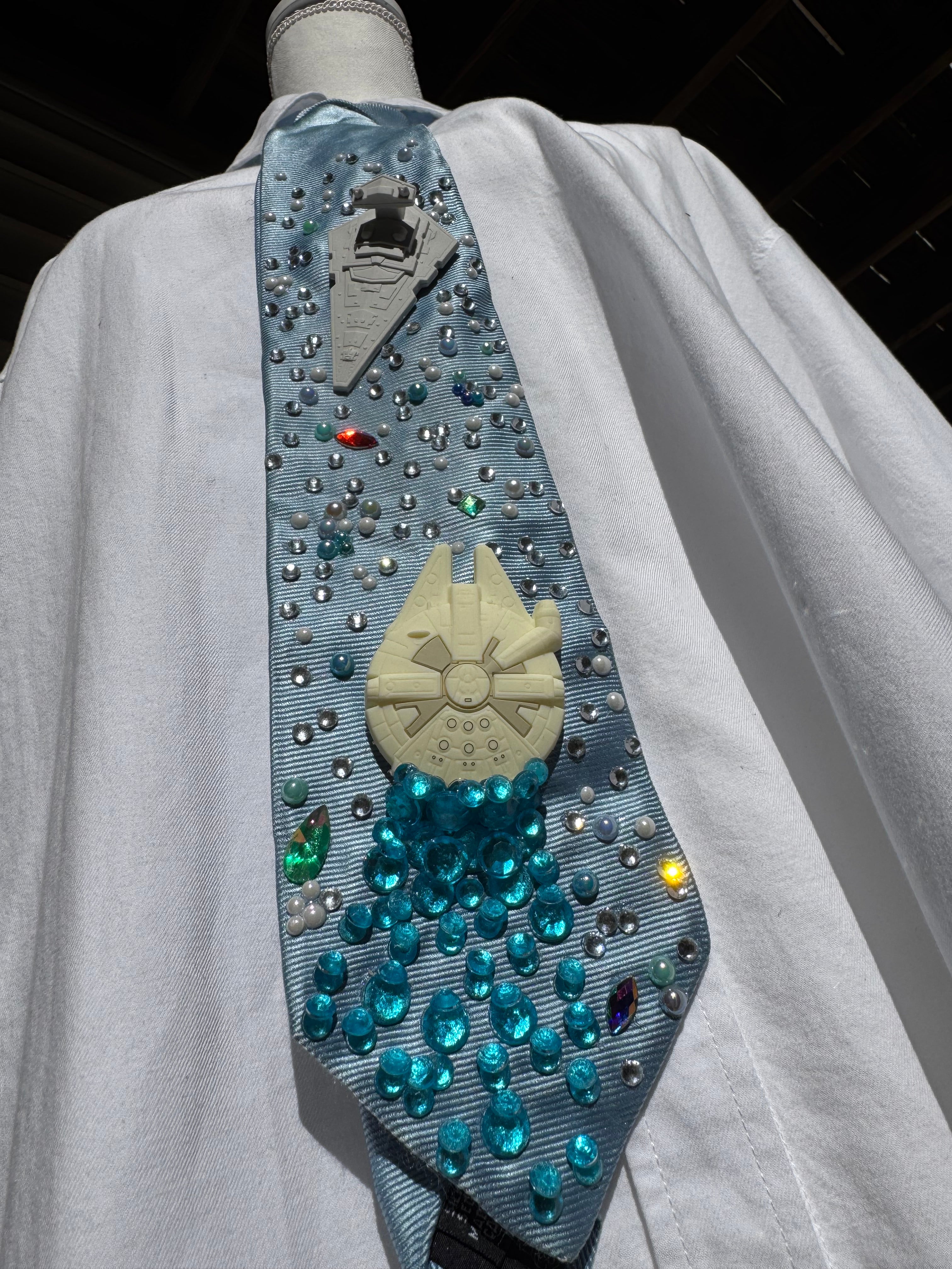 Light Blue Millineium Falcon Flying Towards Star Destroyer Star Wars Tie