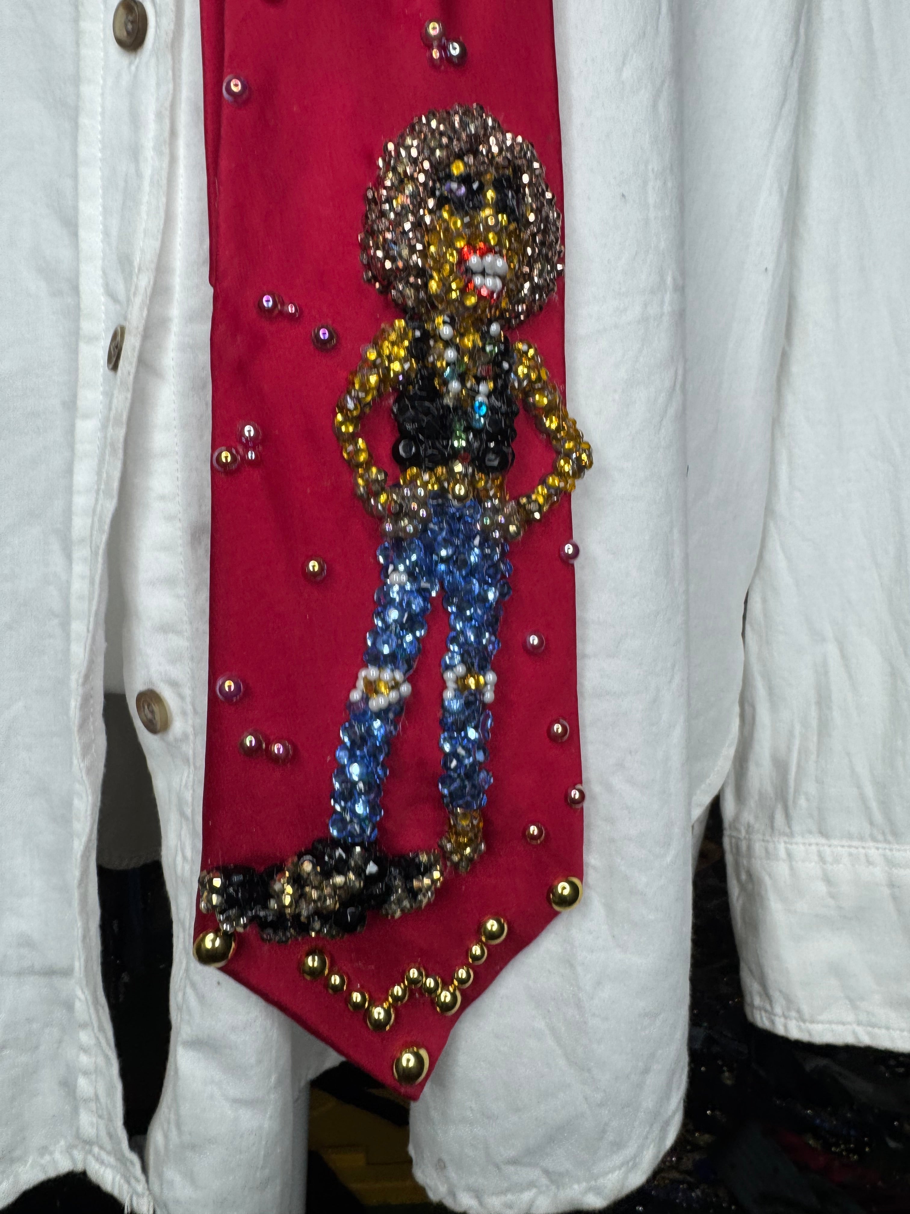 Red silk Whitney Houston with Hands Hip, Smiling with Jacket on Floor Photo shoot Tie