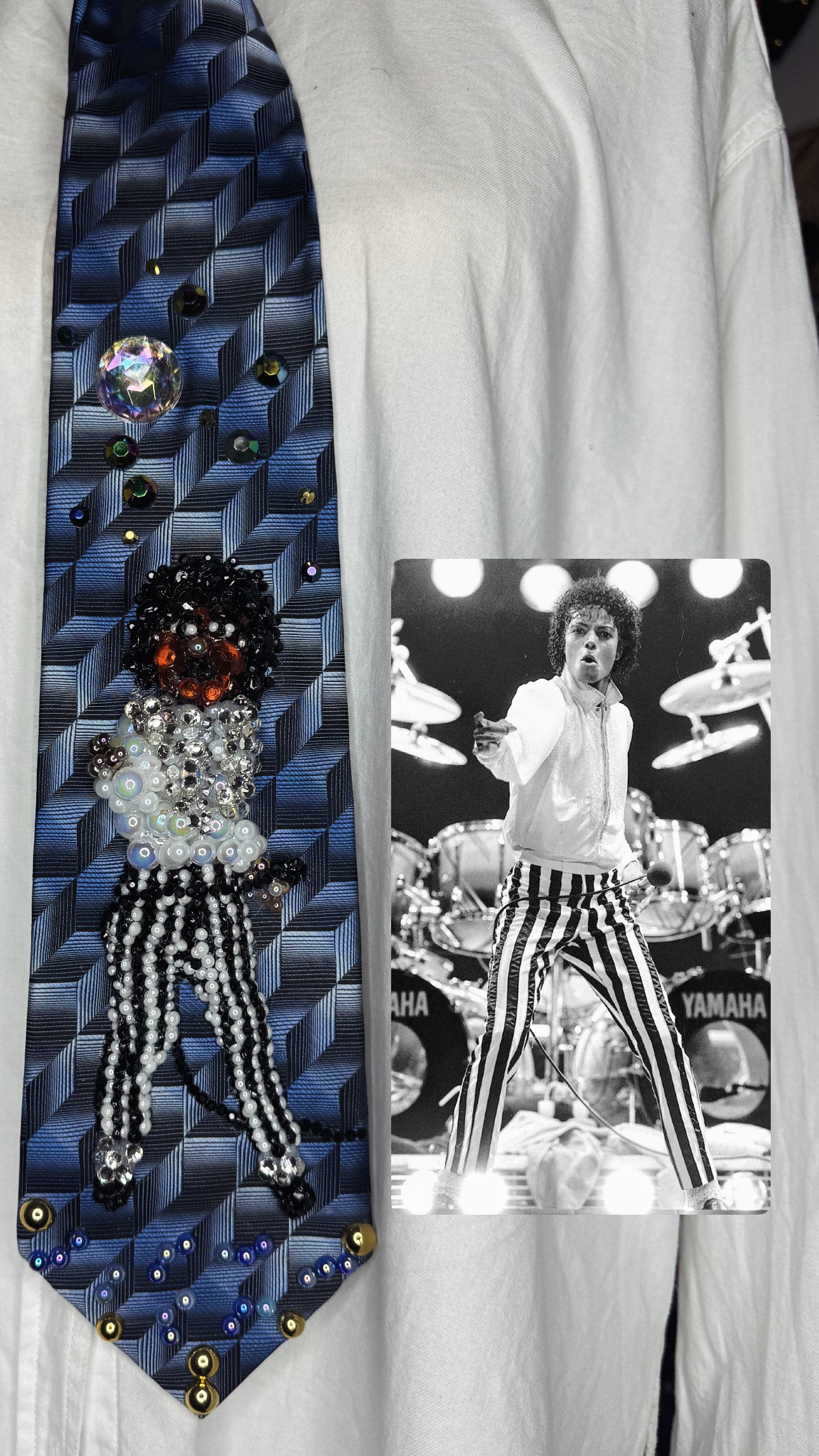 Navy Blue Michael Jackson Dancing in Striped Pants Victory Tour 1984 Tie