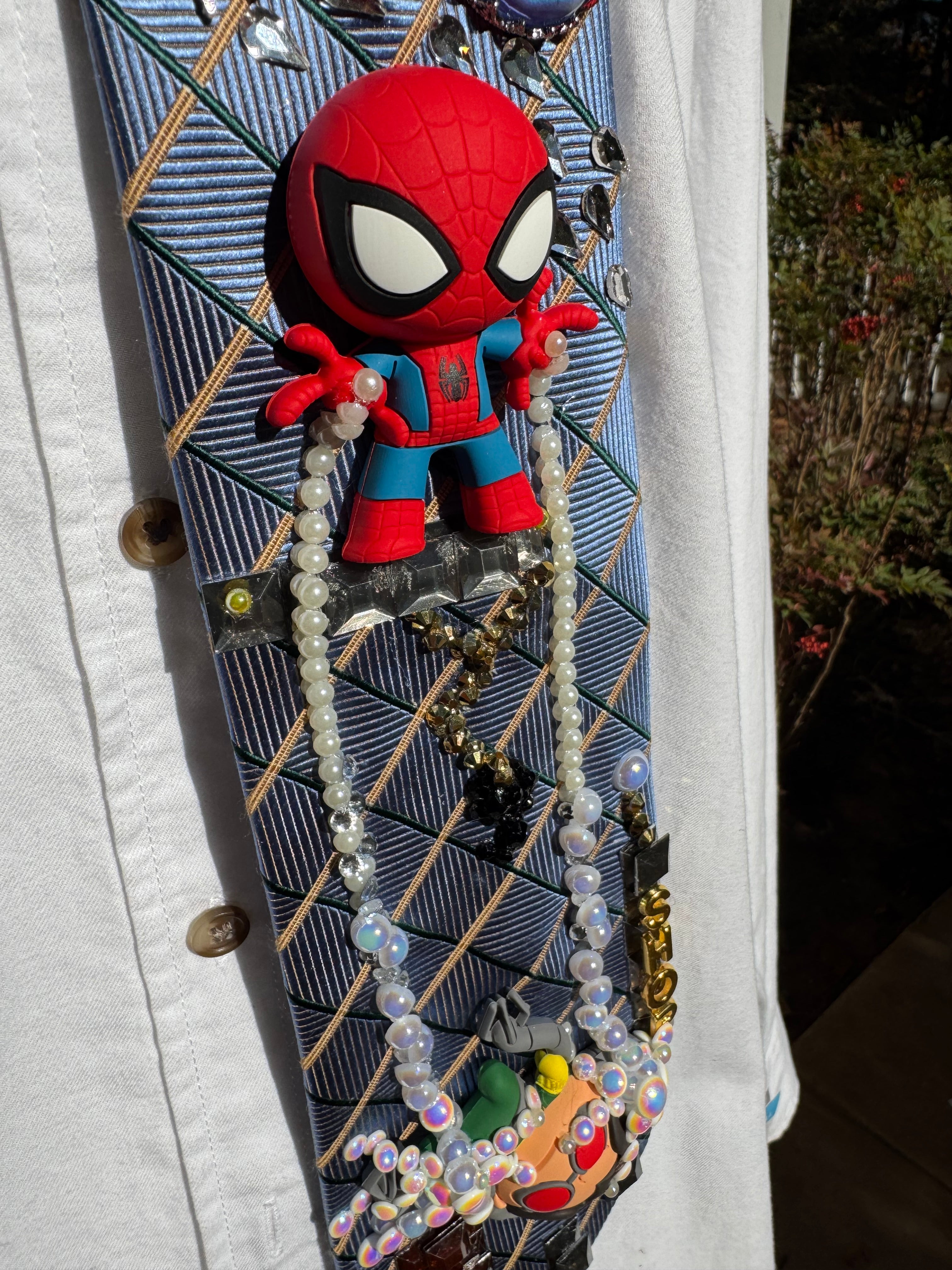 Sky Blue Spiderman Defeating Doctor Octopus Over Crane Spiderman Tie