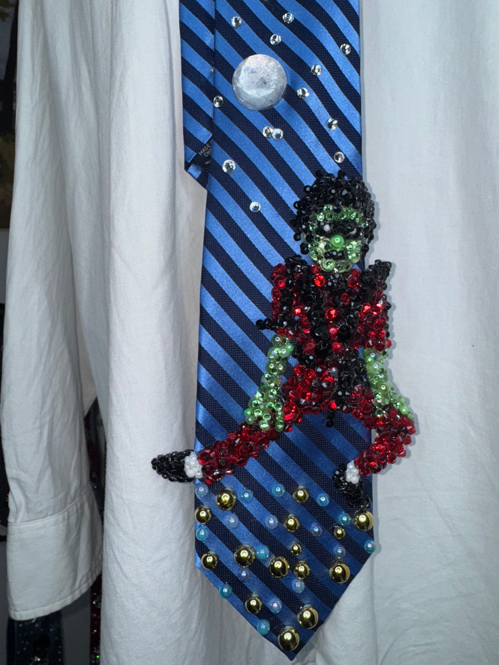 Two Tone Blue Striped Zombie Michael Jackson Hitting Low Leg Slide Move In Thriller Short Film Tie