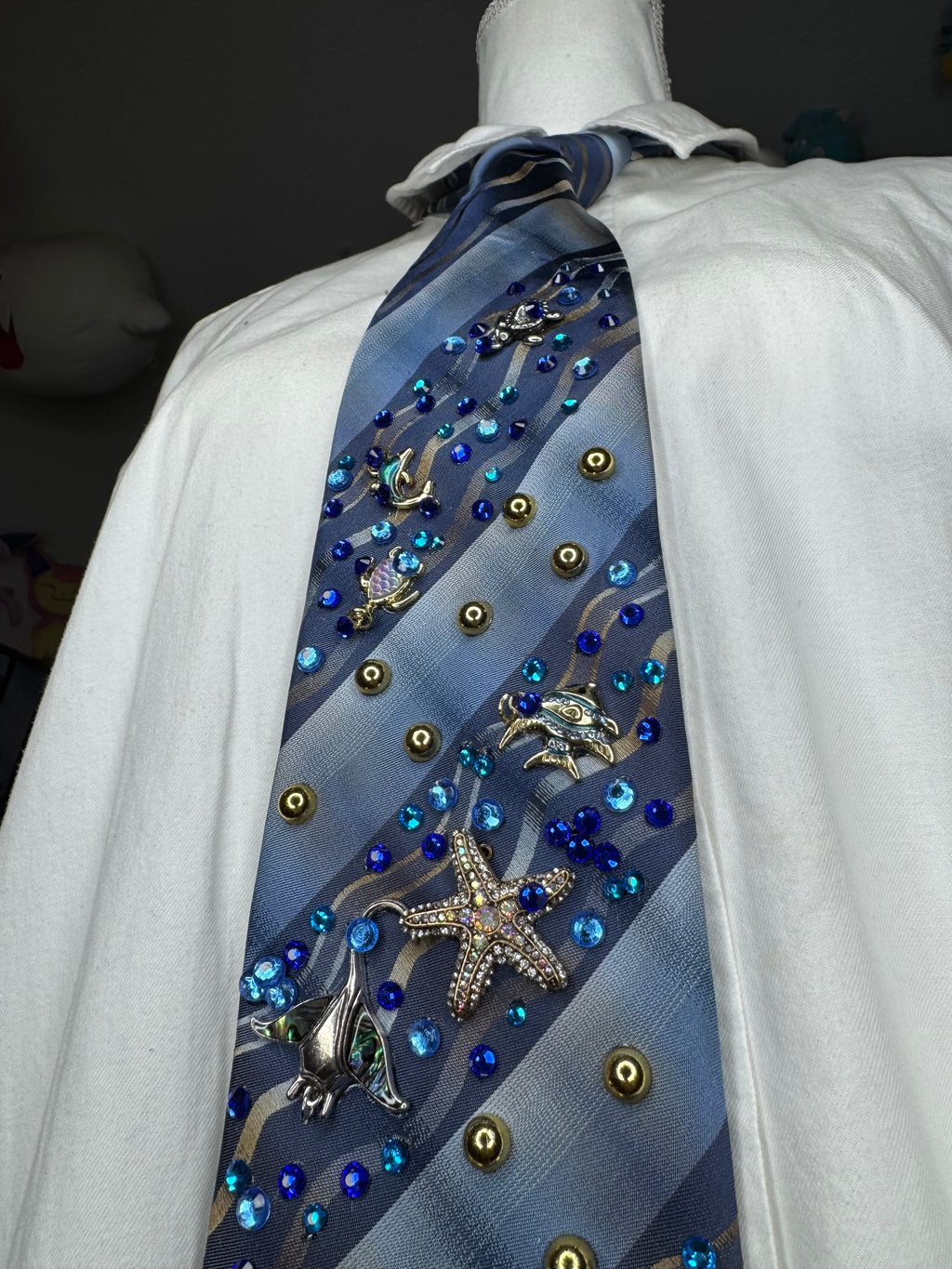Blue Striped Wavy Ocean Floor Aquatic Nature Tie