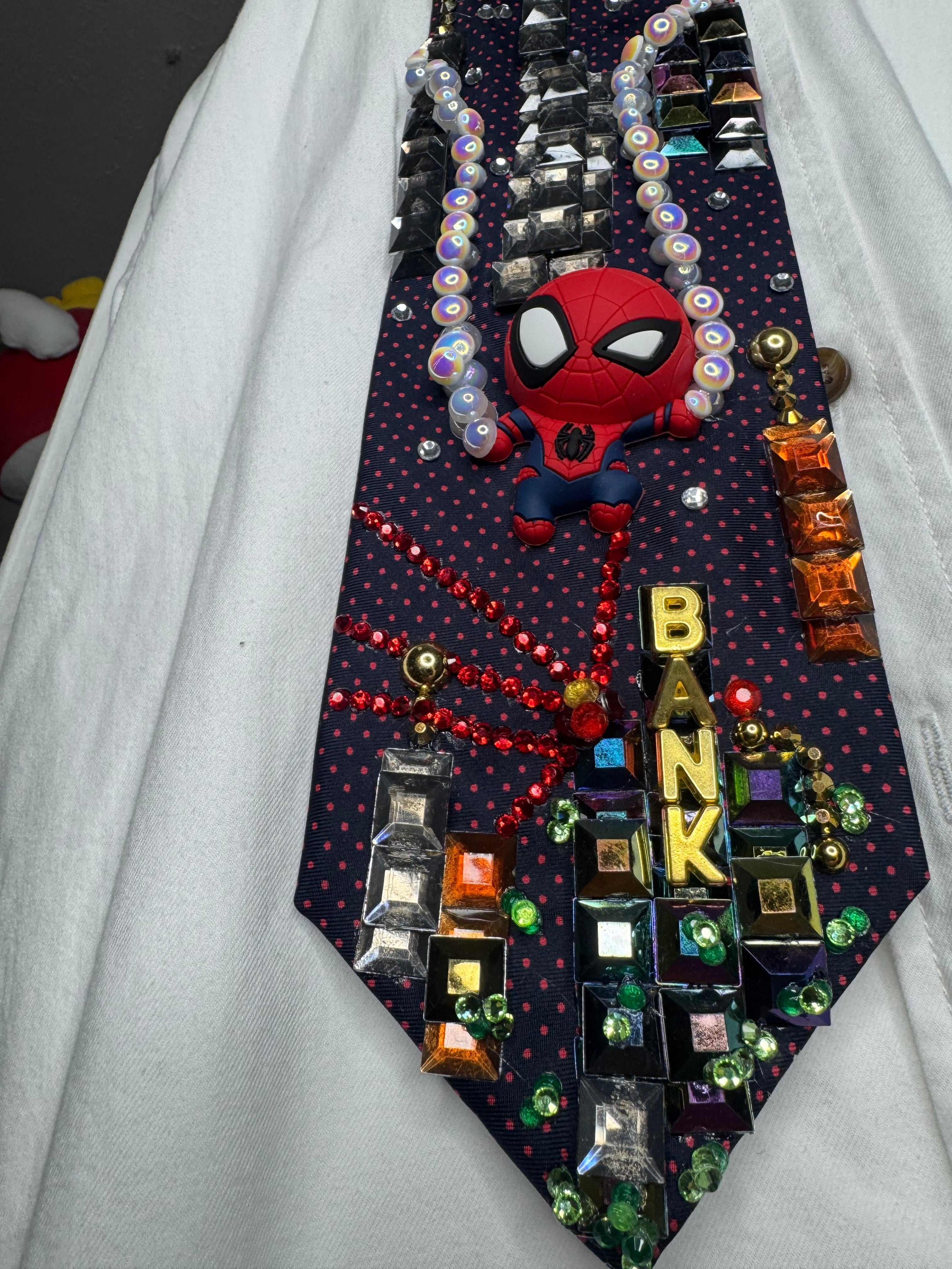 Navy Blue Spiderman Saving Bank Robbery in the City Tie