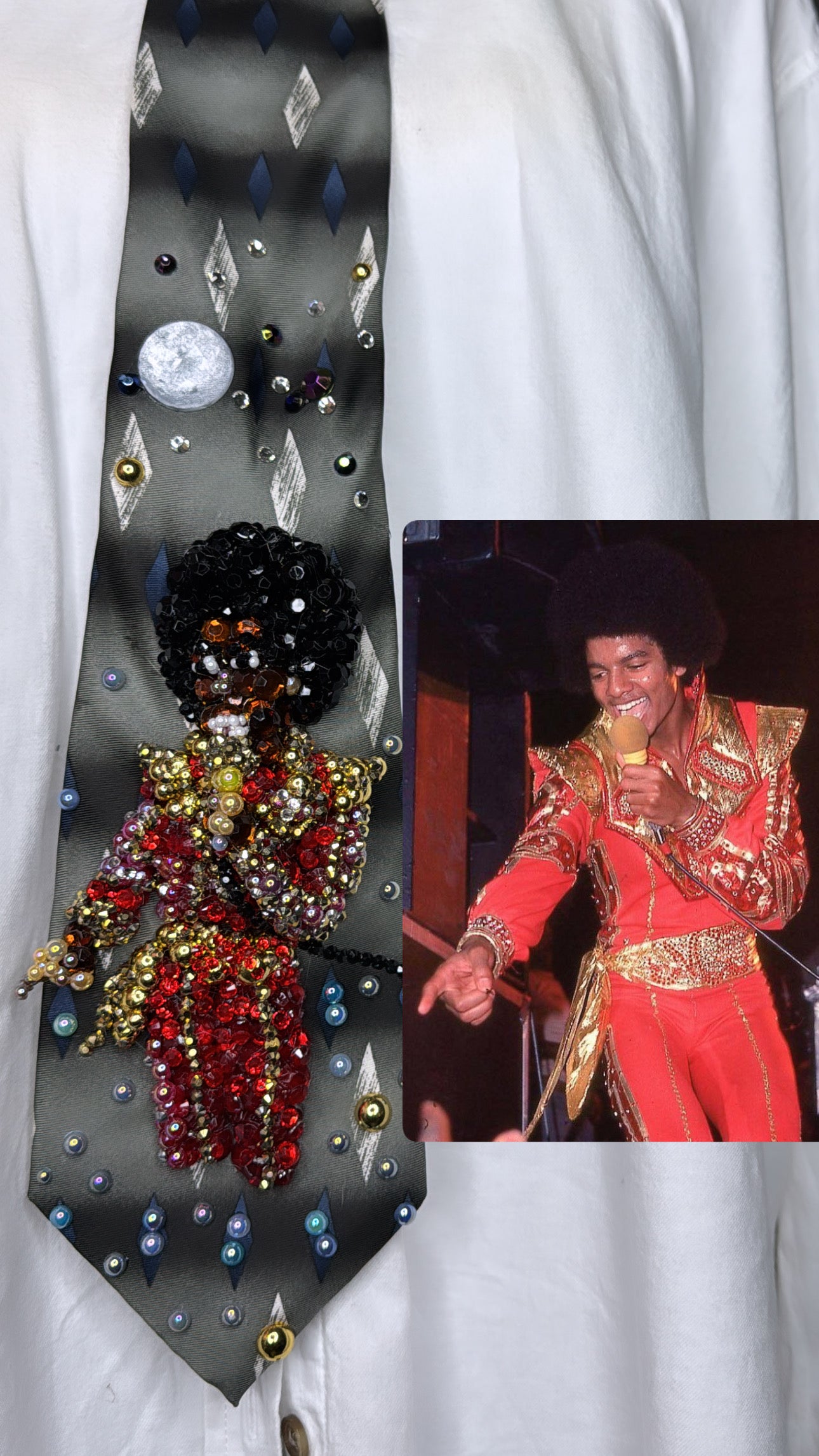 Olive Green Teen Michael Jackson Pointing & Singing in Red and Gold Futuristic Outfit At Apluaso in Madrid Spain Jacksons Era 1979