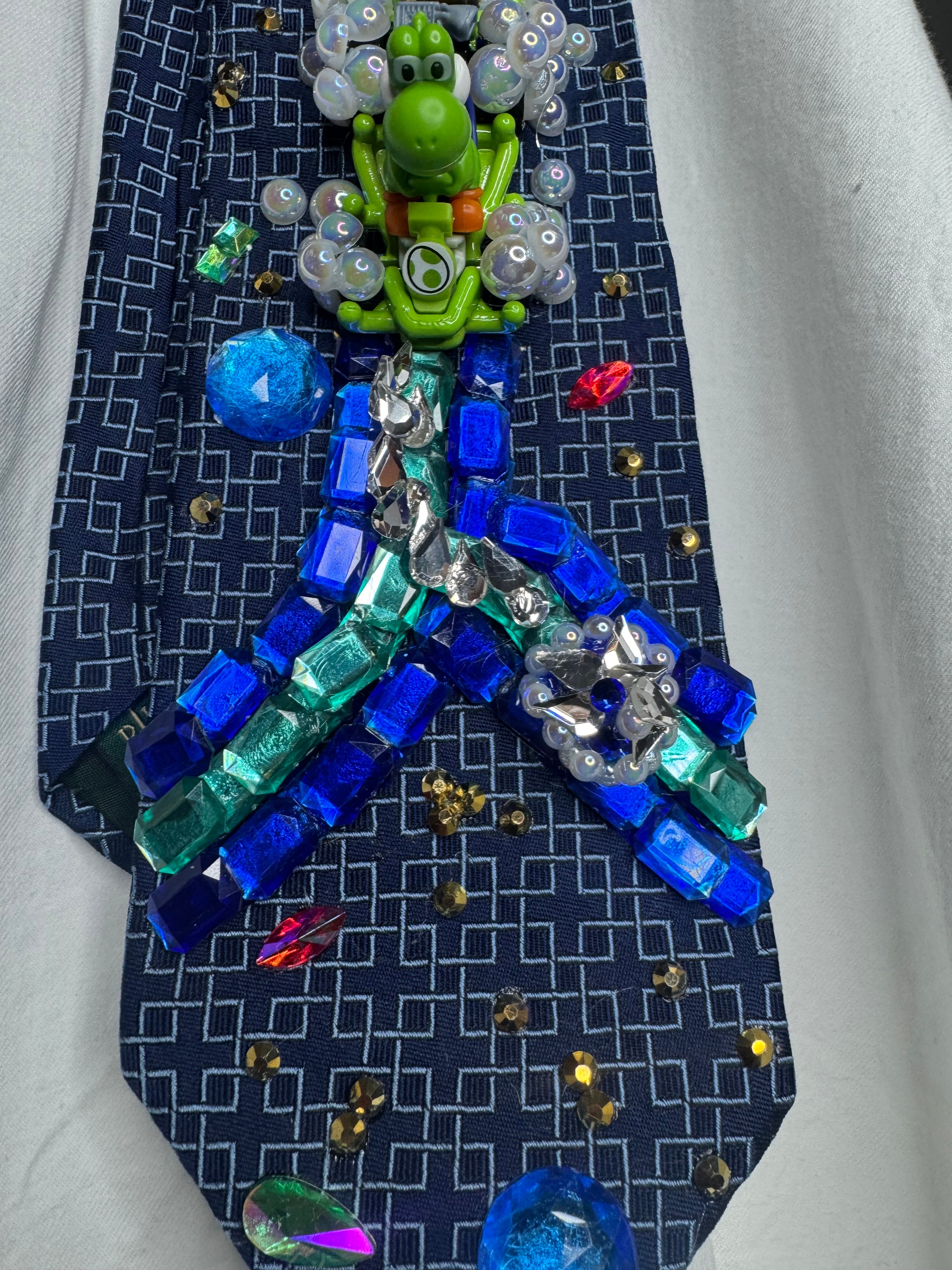 Navy Blue Yoshi Throwing Blue Shell on Icy Glacier Road 200cc Mario Kart Tie