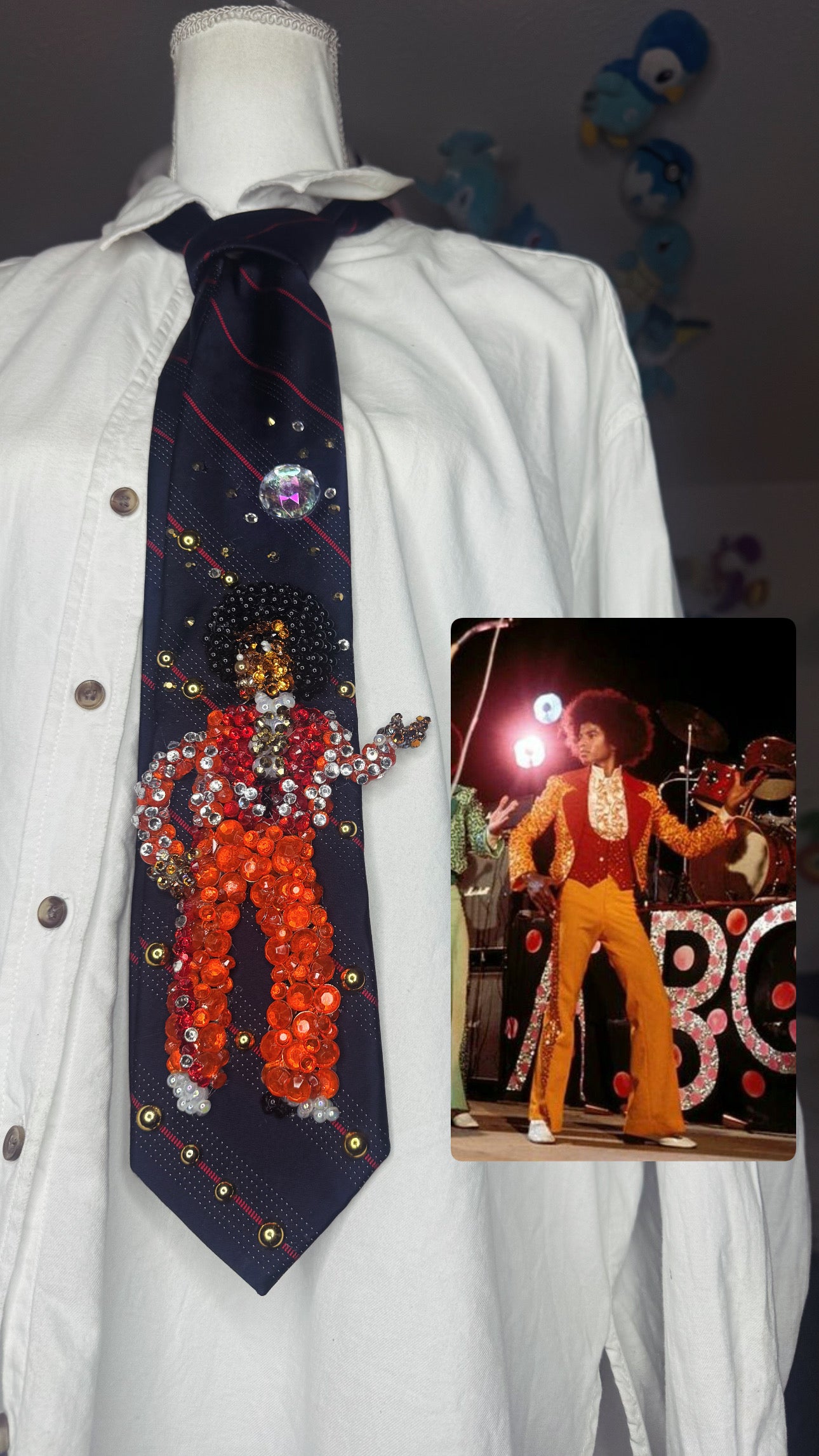 Navy Blue Teen Michael Jackson Orange Outfit Hitting Robot Walk Jackson 5 1975 Tie