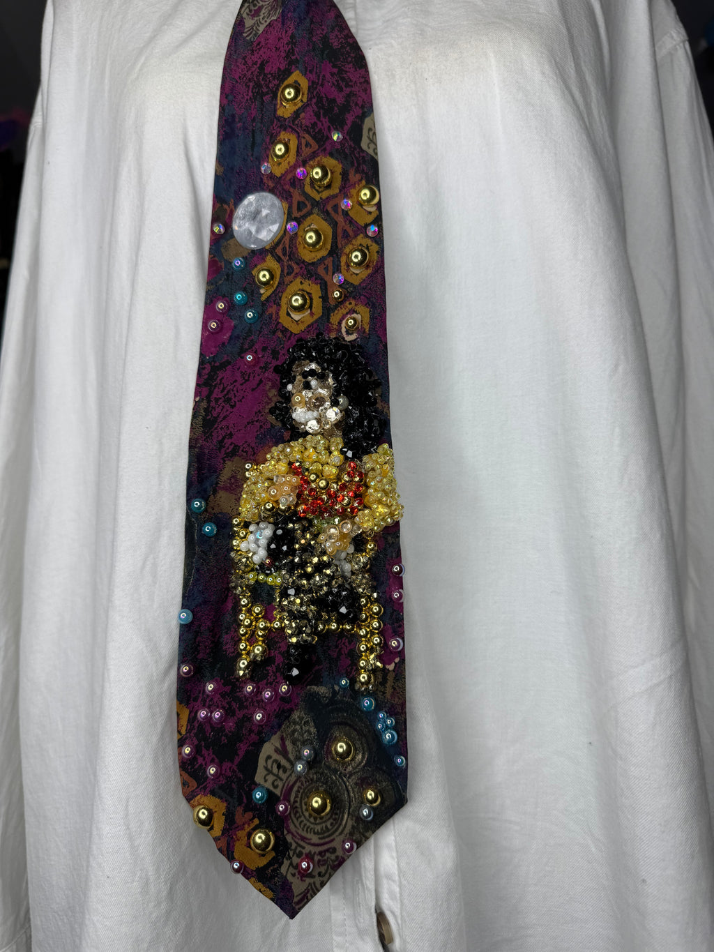 Magenta Marbled Michael Jackson Sitting in Golden Chair Performing Remember the Time with Sprain Ankle 1993 Tie