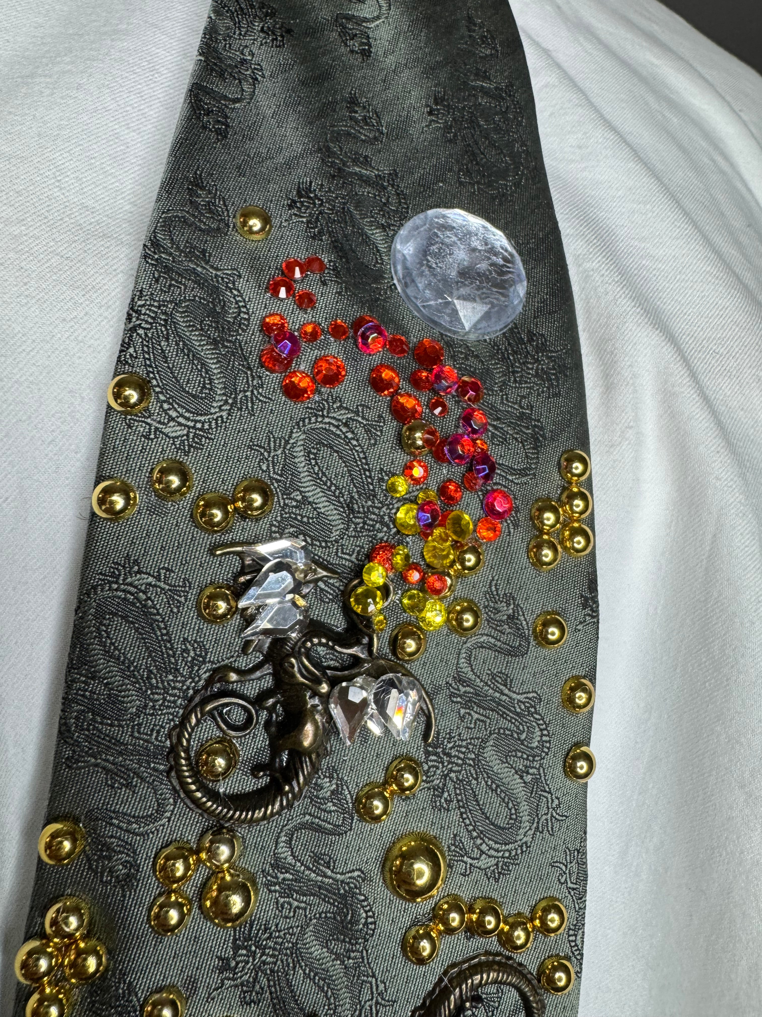 Army Green Ancient Dragon Print Dragons Spitting Flames Royalty Tie