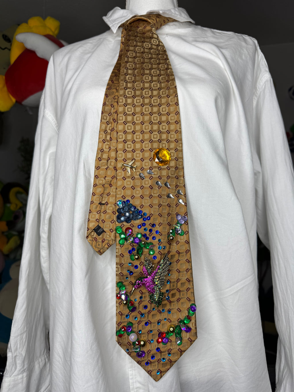 Gold Hummingbird Near Floral Forest Nature Royalty Tie