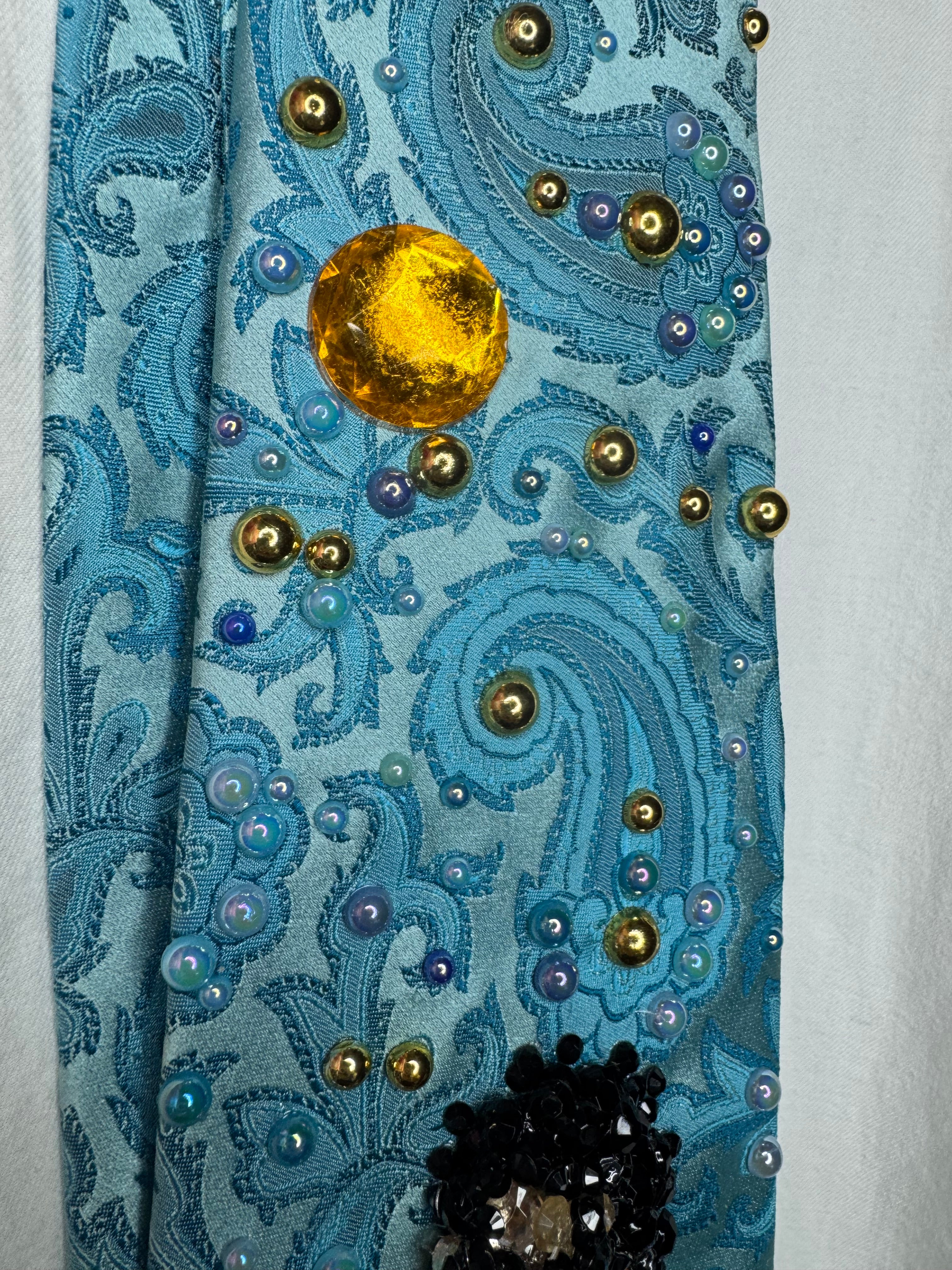 Light Blue Paisley Michael Jackson in Red and Gold Chinese Royalty Outfit During His China Tour Bad Era Tie