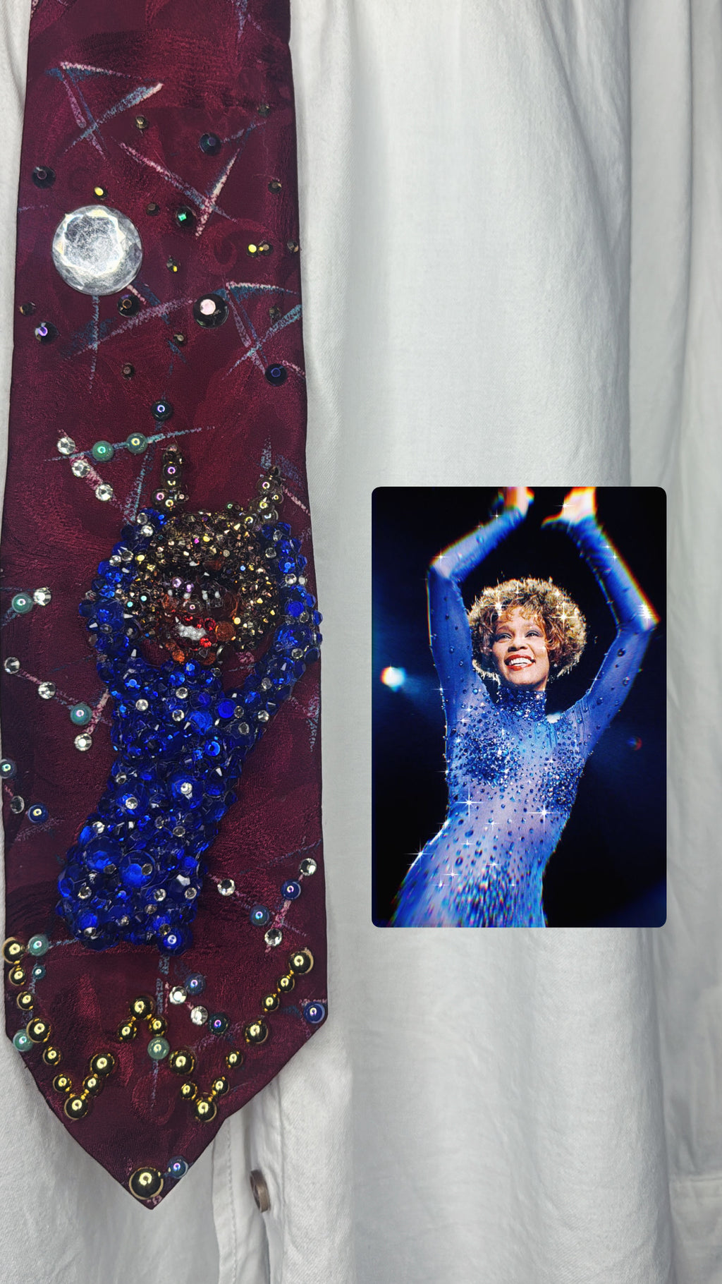 Red Whitney Houston Happily Dancing in Deep Blue Rhinestoned Dress Performing Tie