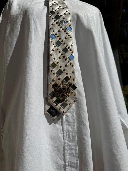 Beige and White Plaid Jagaur Luxurious Futuristic Royalty Tie