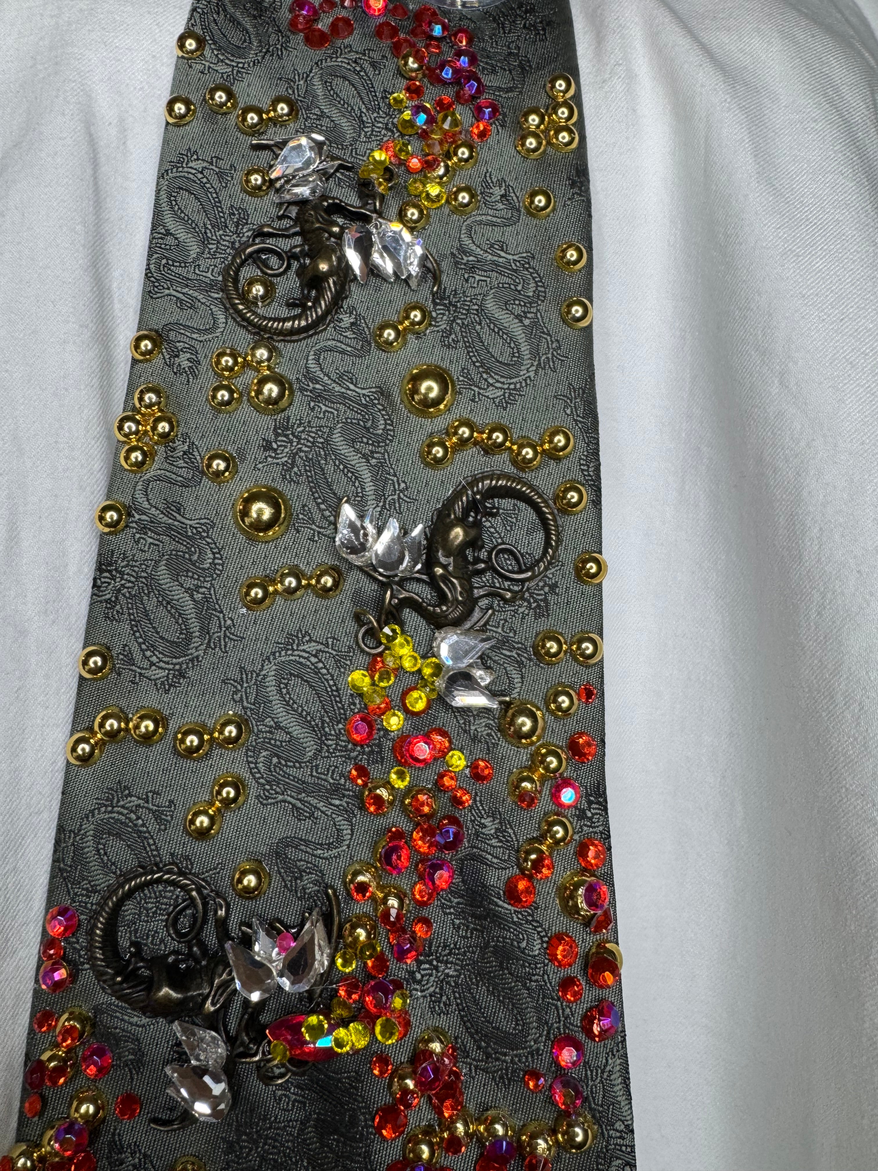 Army Green Ancient Dragon Print Dragons Spitting Flames Royalty Tie