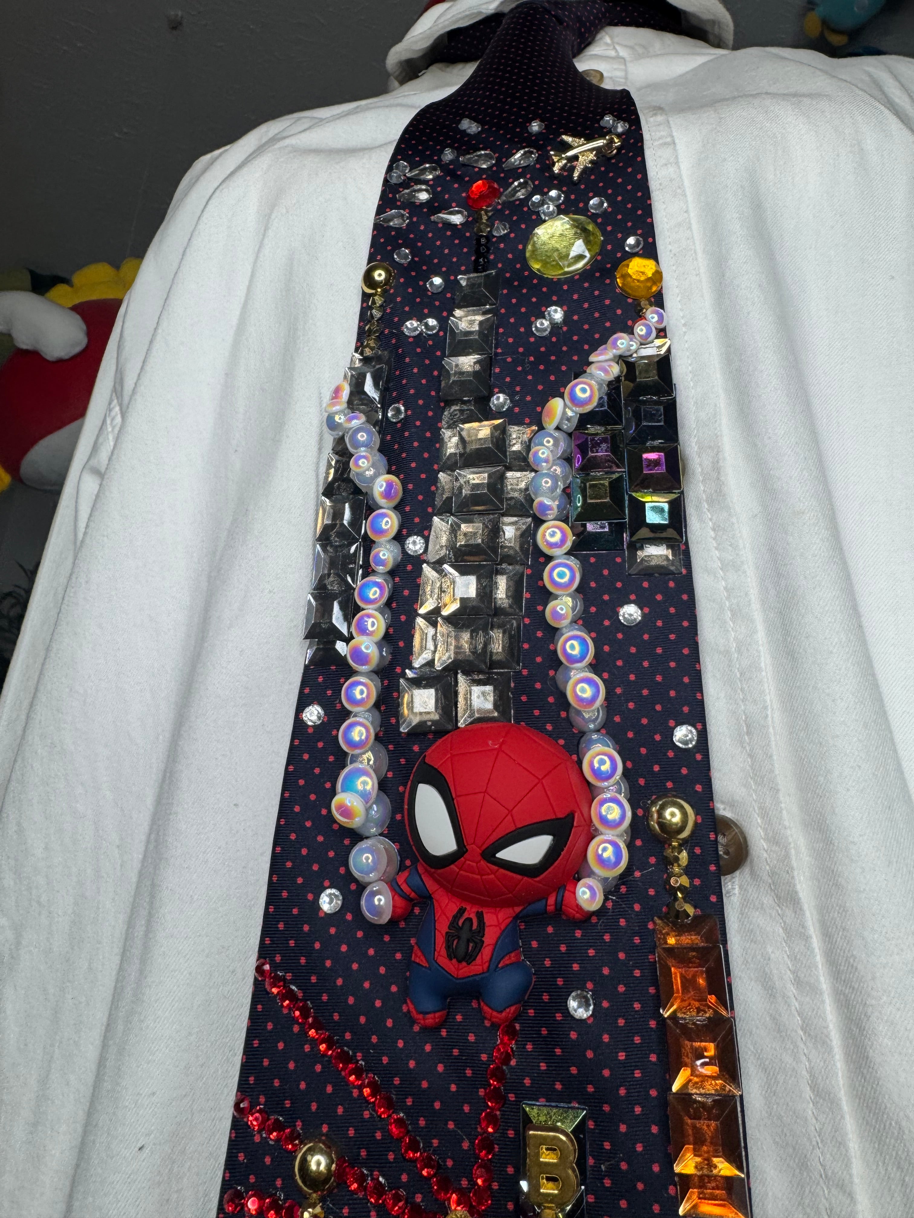 Navy Blue Spiderman Saving Bank Robbery in the City Tie