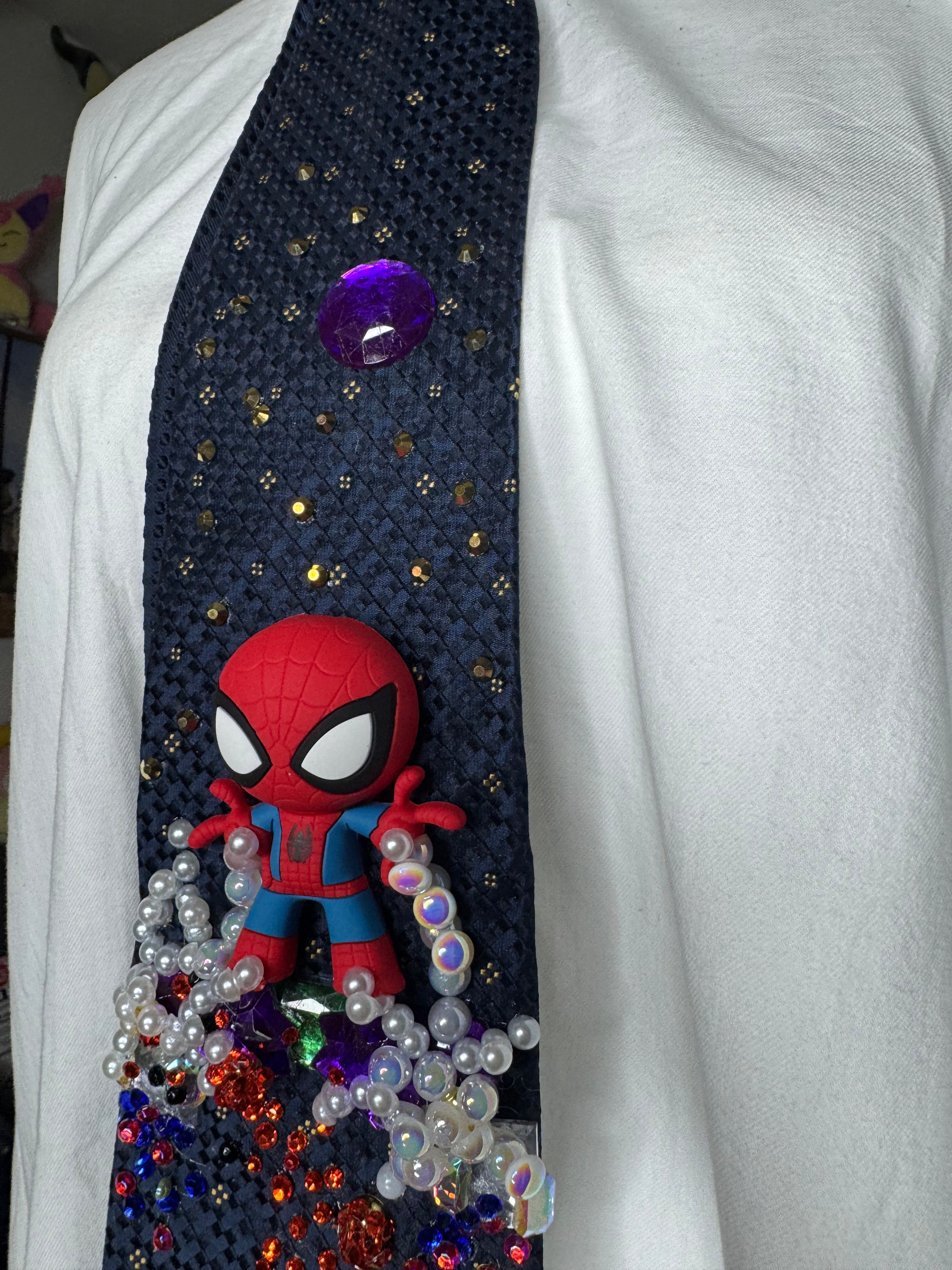 Navy Blue Spiderman Vs Green Goblin in the Head of the Moment in the City Tie