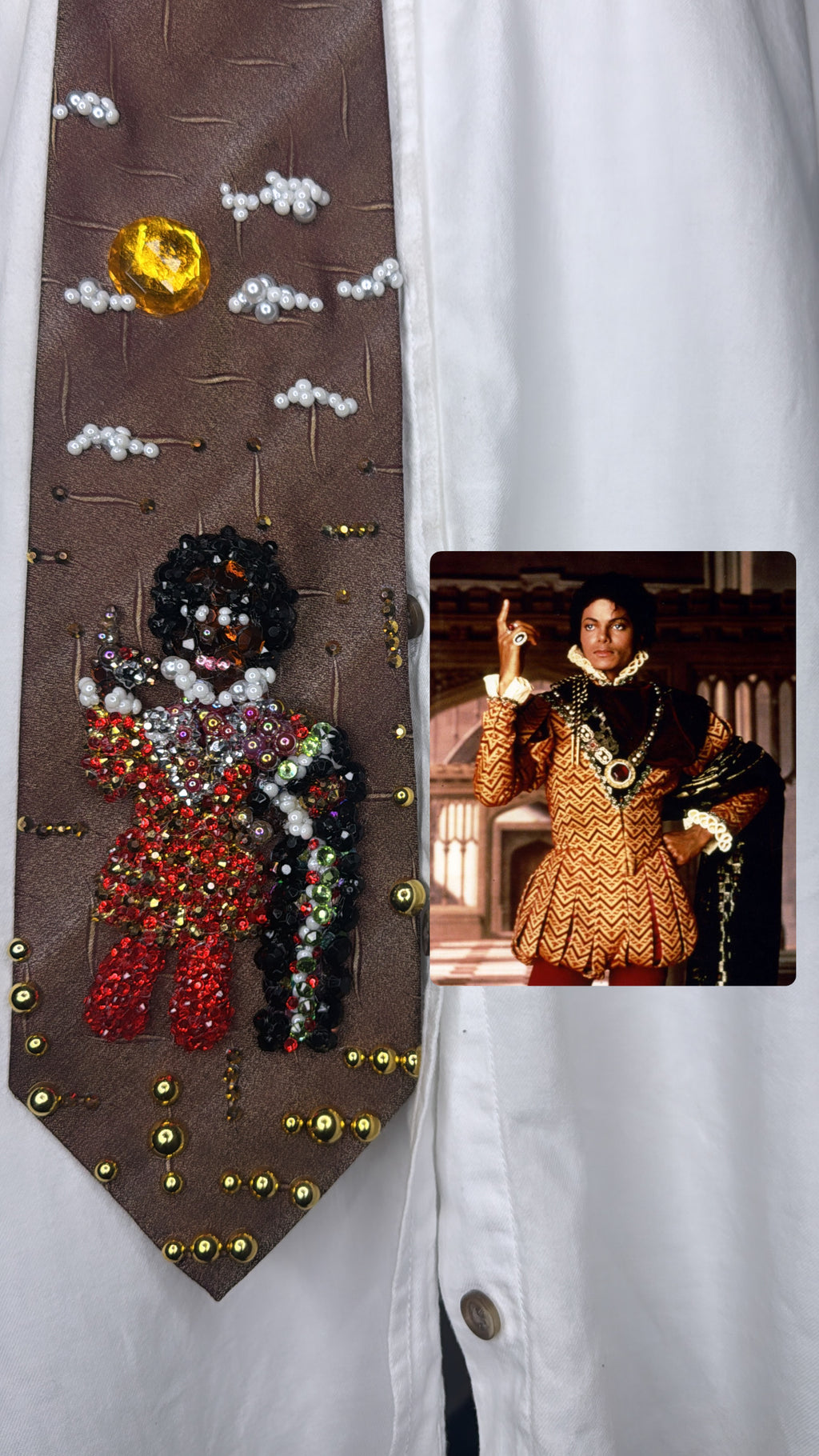 Dark Orange Michael Jackson Pointing Up in High Class Royalty King Outfit For Matthew Rolston Photoshoot 1984 Tie
