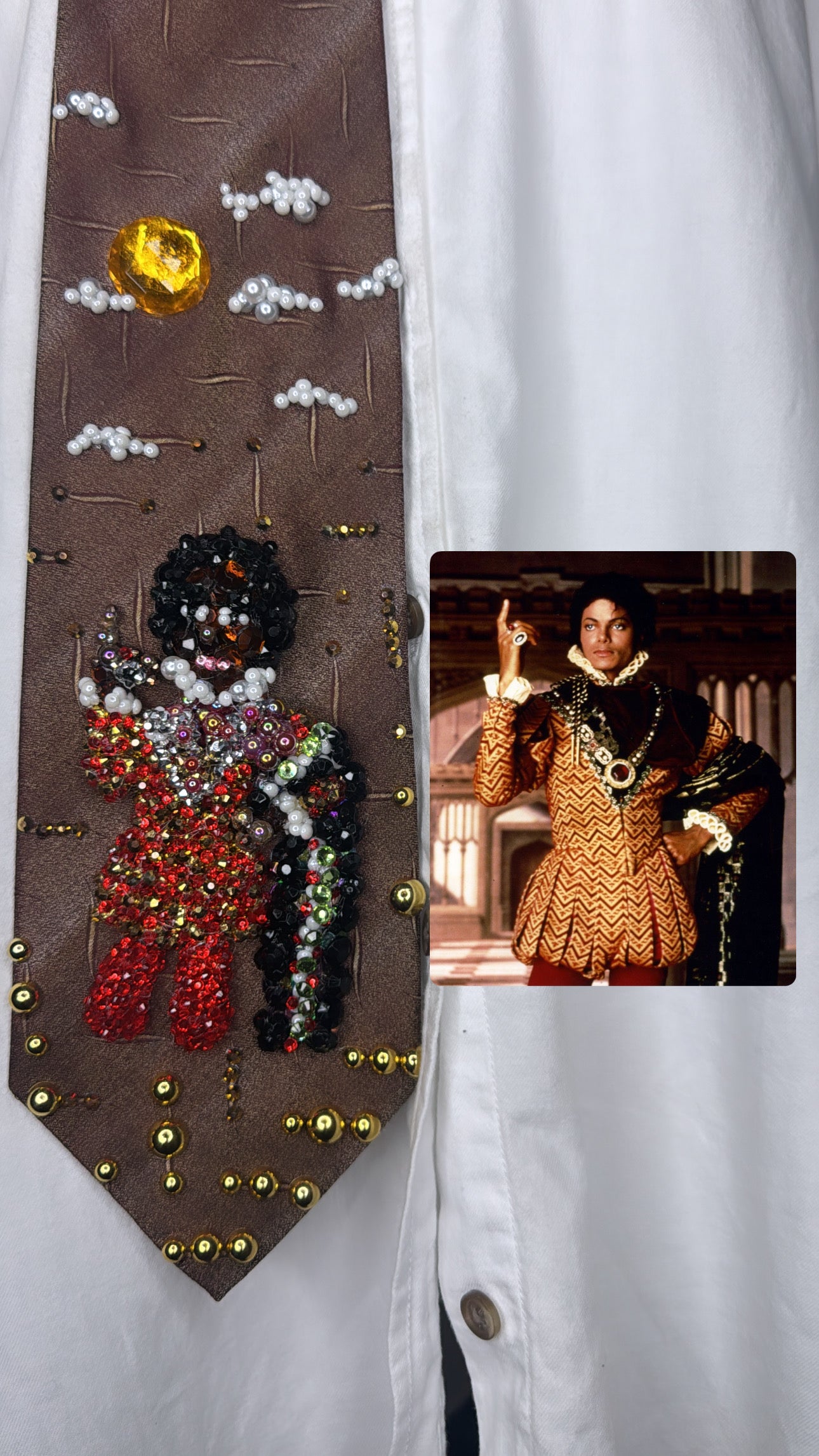 Dark Orange Michael Jackson Pointing Up in High Class Royalty King Outfit For Matthew Rolston Photoshoot 1984 Tie
