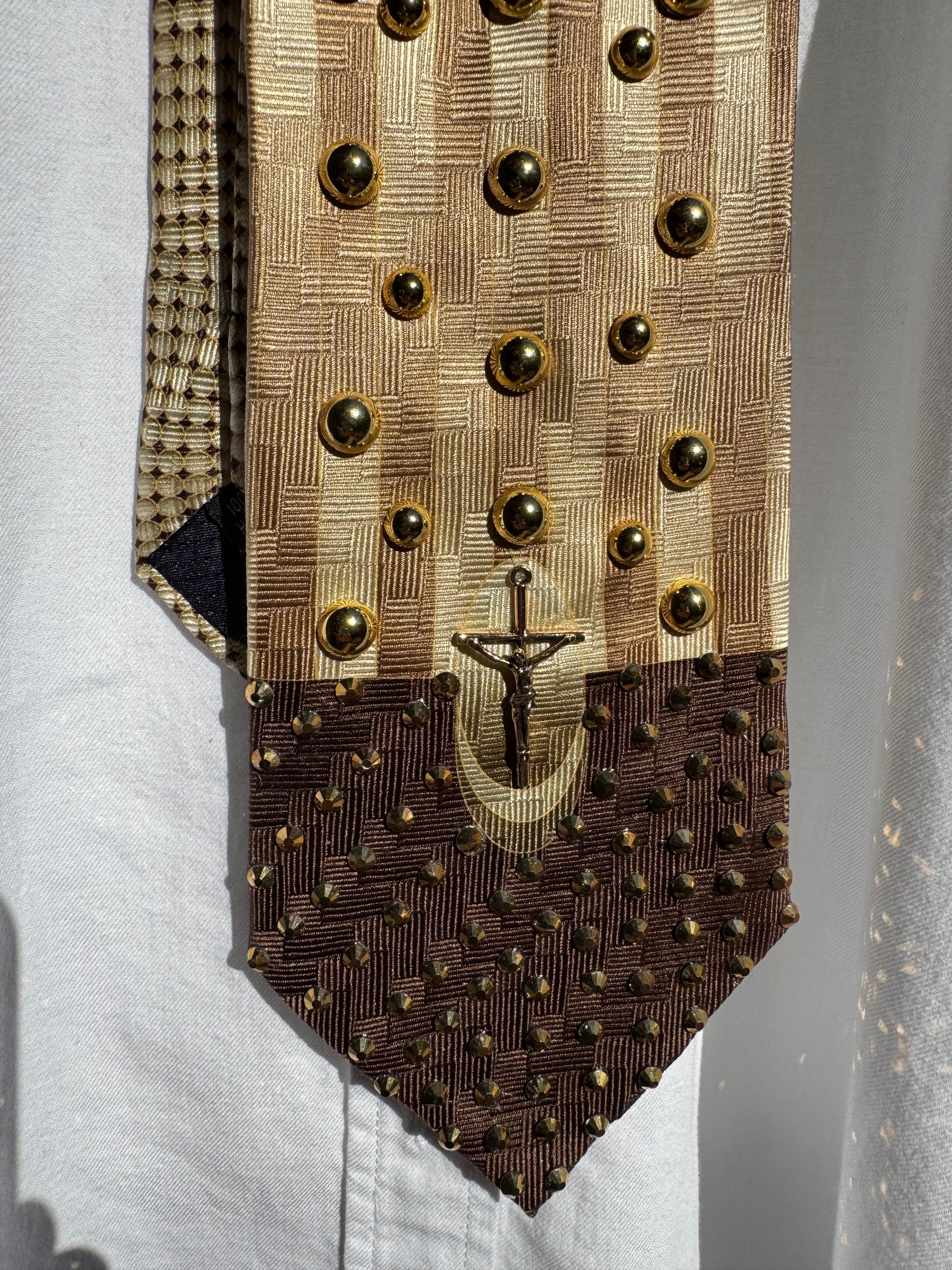 Tri Tone Brown Crucifixion Jesus Christ High Class Royalty Church Tie