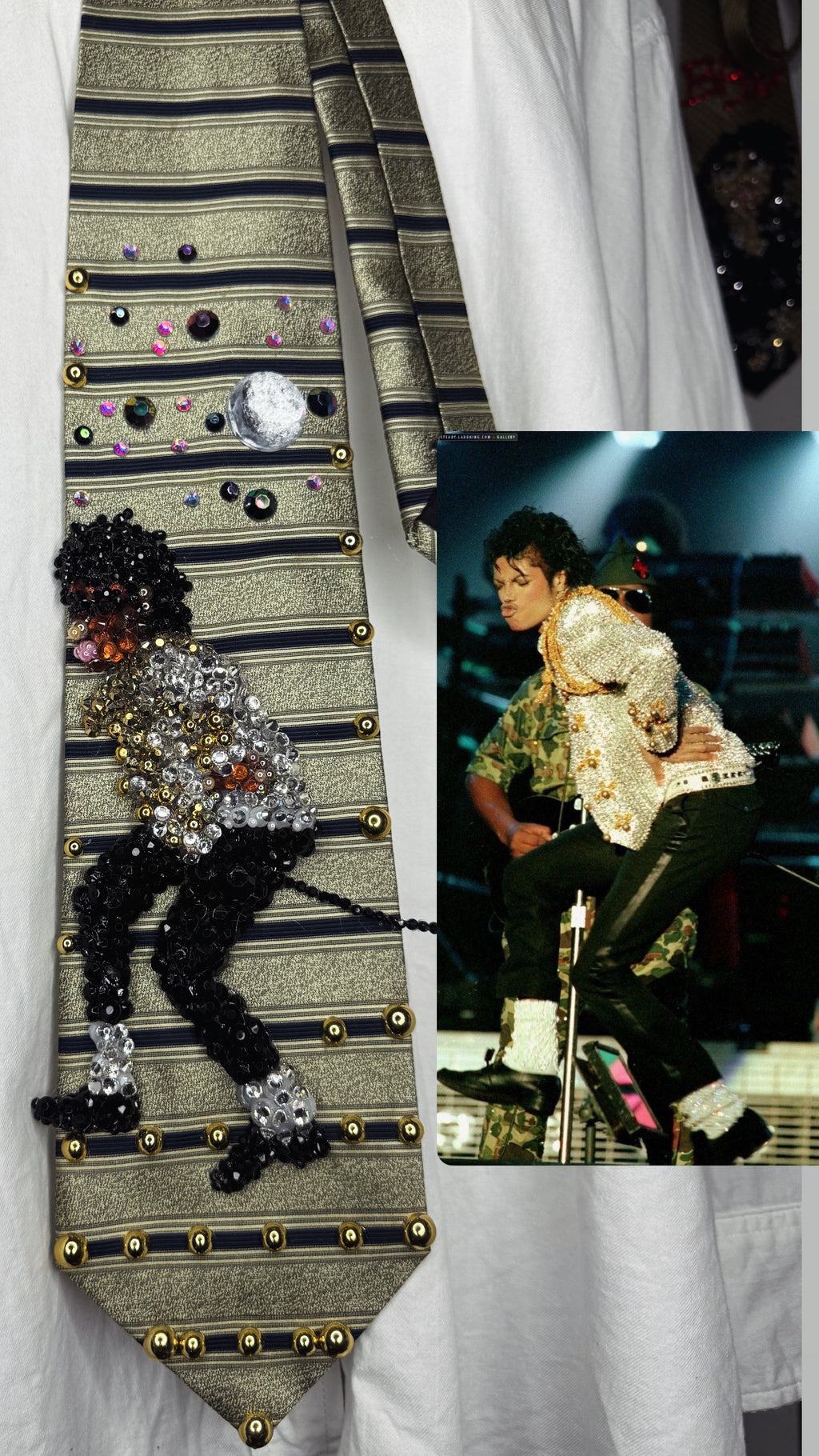 Light Olive Green and Navy Blue Striped Michael Jackson Hitting Indian Walk WBSS Victory Tour 1984 Tie