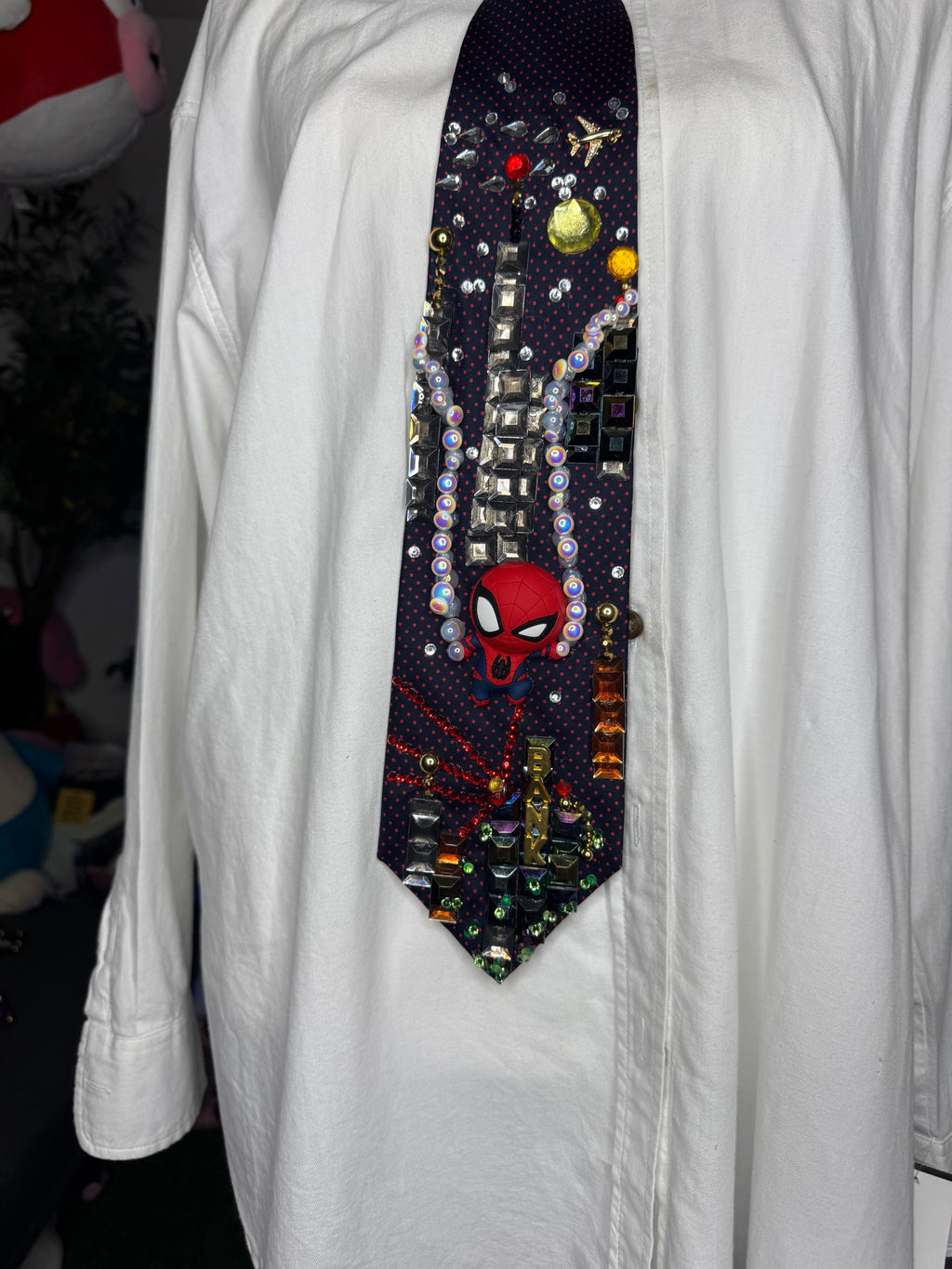 Navy Blue Spiderman Saving Bank Robbery in the City Tie