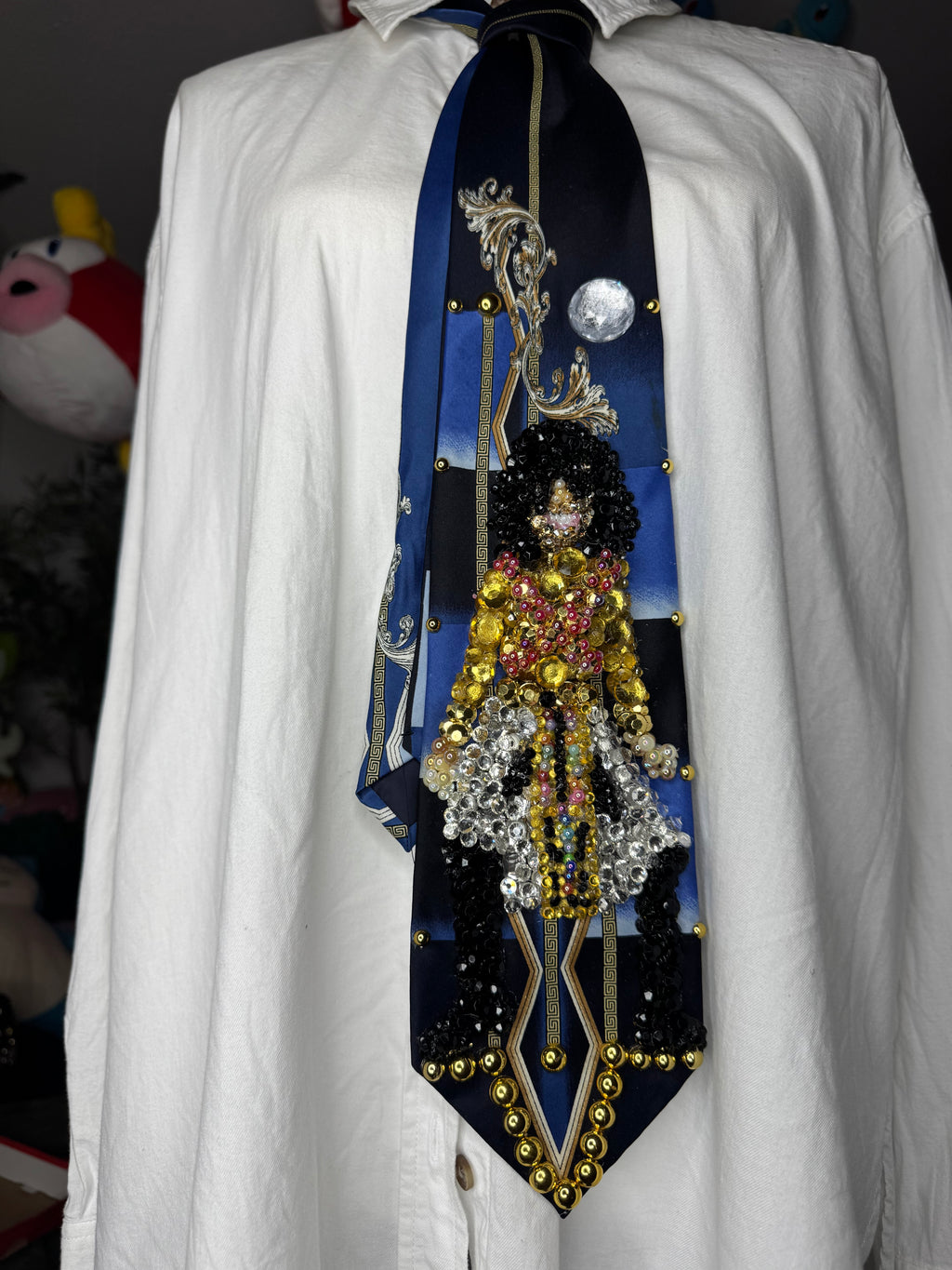 Navy Blue Egyptian Print Michael Jackson Hitting Squat Knee Pose From Remember the Time Music Video Tie