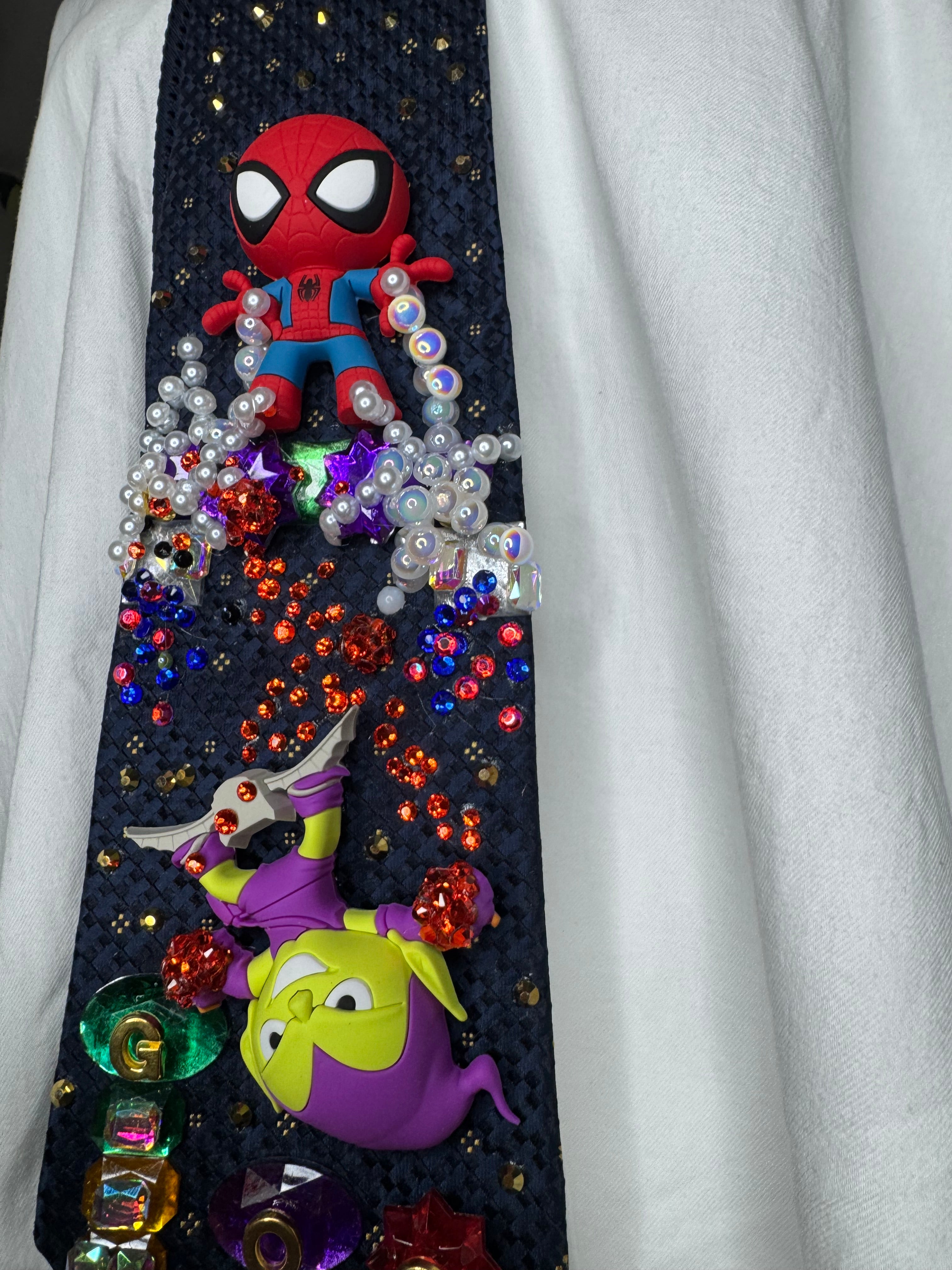Navy Blue Spiderman Vs Green Goblin in the Head of the Moment in the City Tie