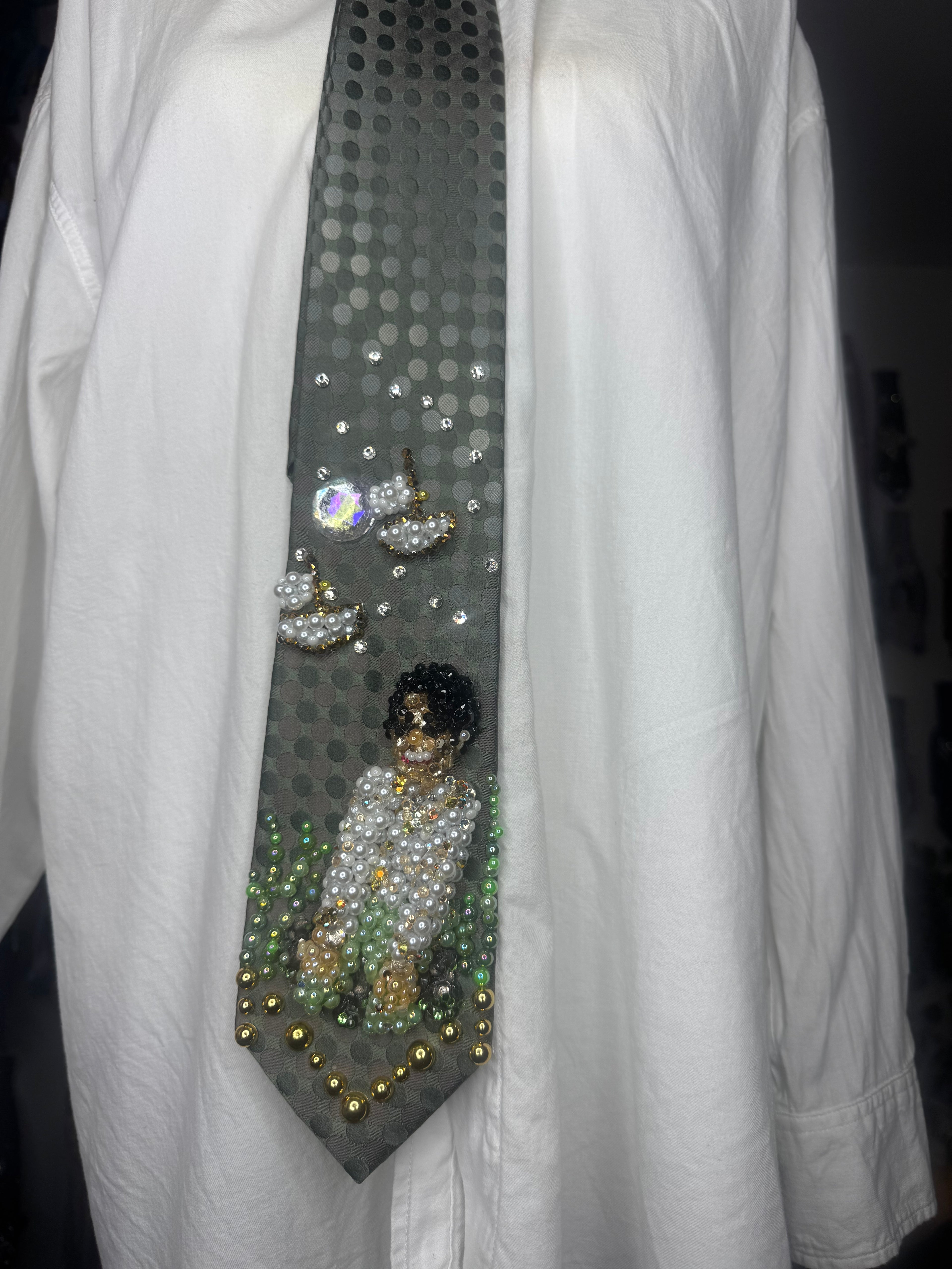 Dark Green Michael Jackson Smiling and Singing on Rock With Boats Flying By in Childhood Music Video Tie
