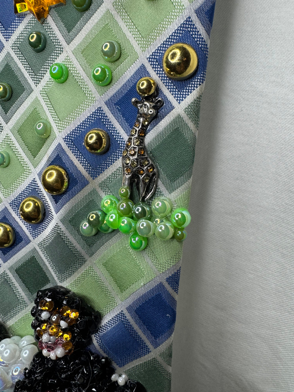 Green and Blue Box Striped Michael Jackson Smiling With Bubbles on Him and His Exotic Pet Giraffe Tie
