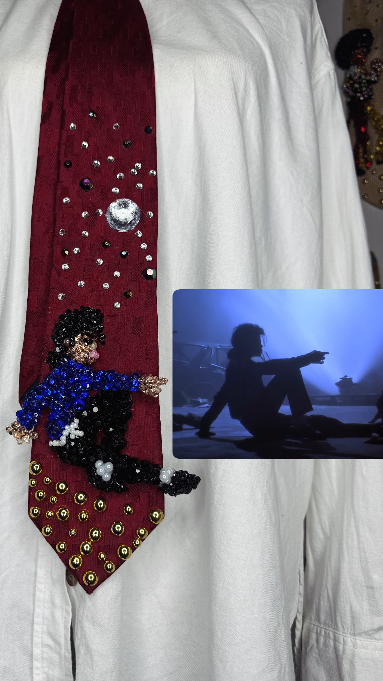 Red Michael Jackson Hitting Sitting and Pointing Crossed Legs Pose In TWYMMF Music Video Tie