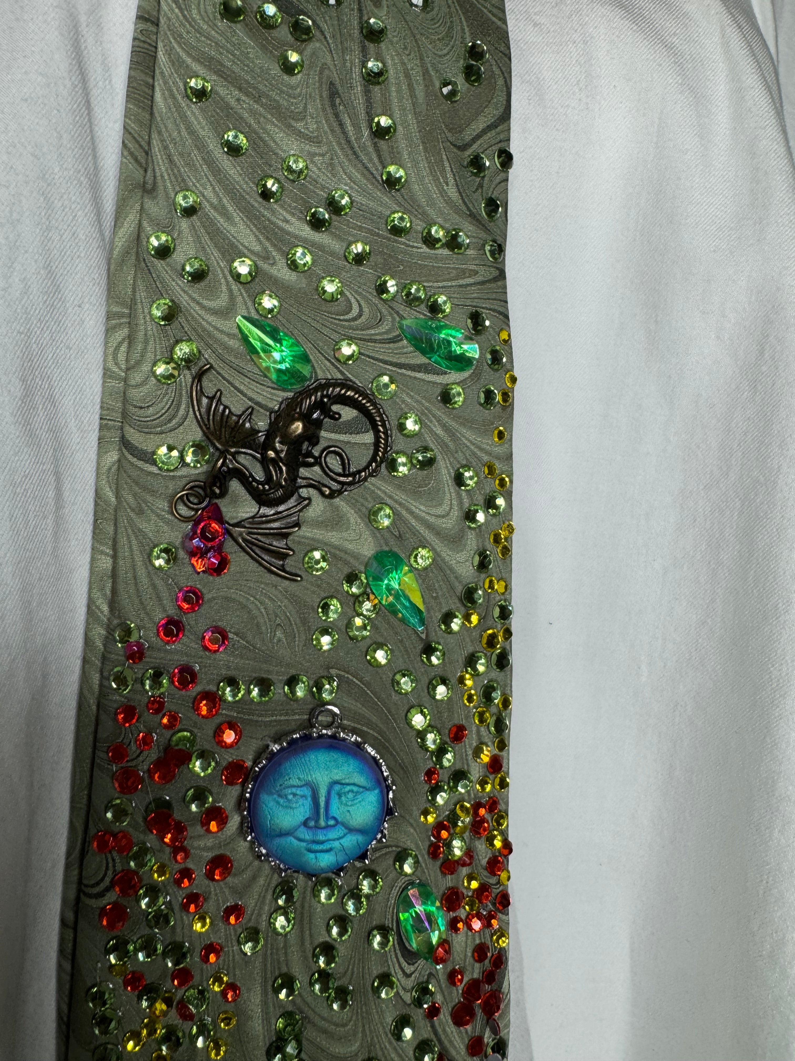 Green Wavy Print Dragons Spitting Flames Neon Sun Royalty Tie
