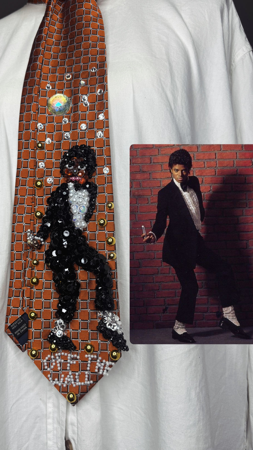Orange Michael Jackson Holding Phone Hitting His Pose For Off The Wall Photoshoot Tie