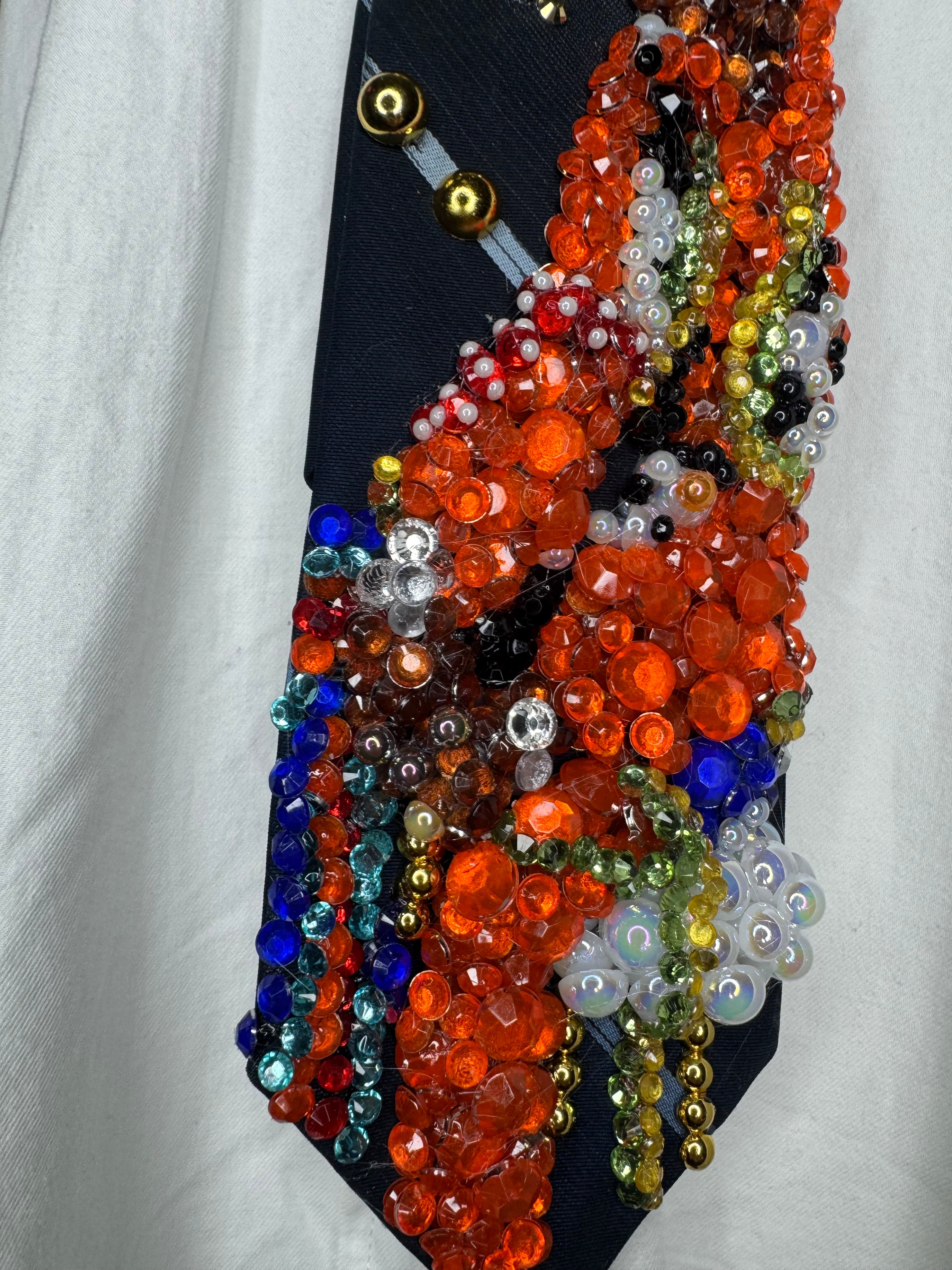 Navy Blue Young Michael Jackson In Orange and Floral Vest Outfit on White Chair 1972 Tie