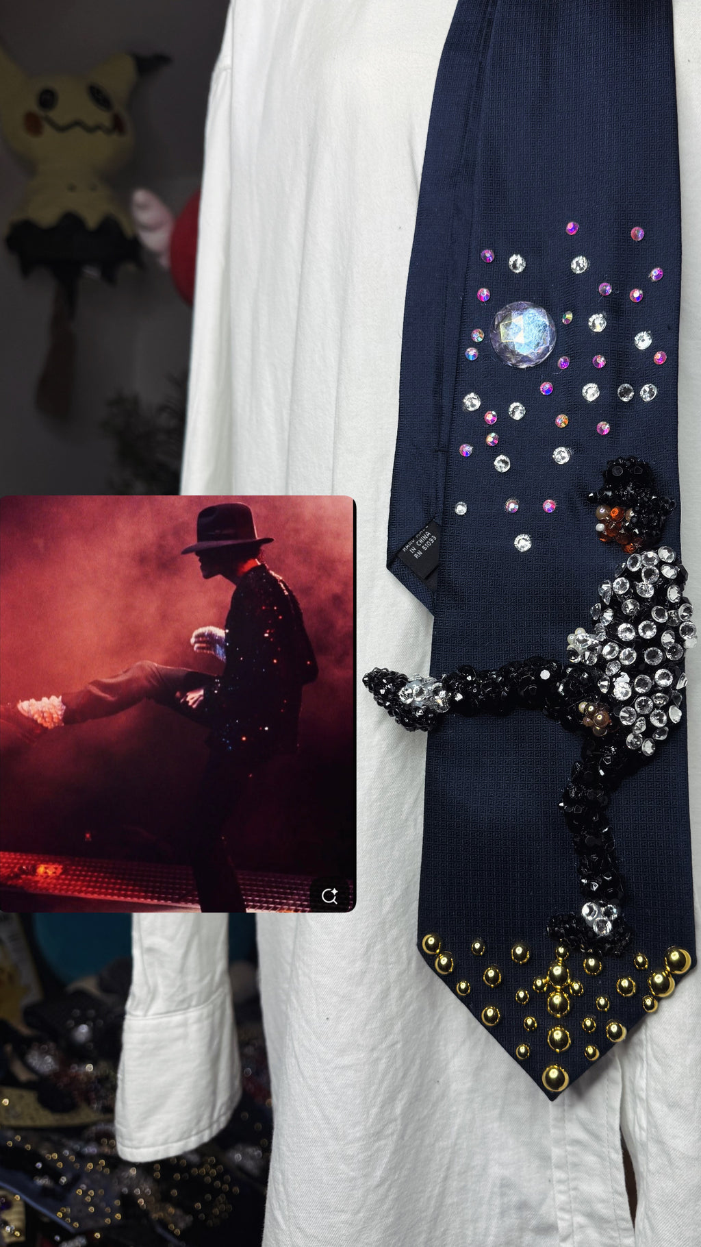 Navy Blue Michael Jackson Hitting Leg Kick to Start Of Billie Jean Victory Tour 1984 Tie