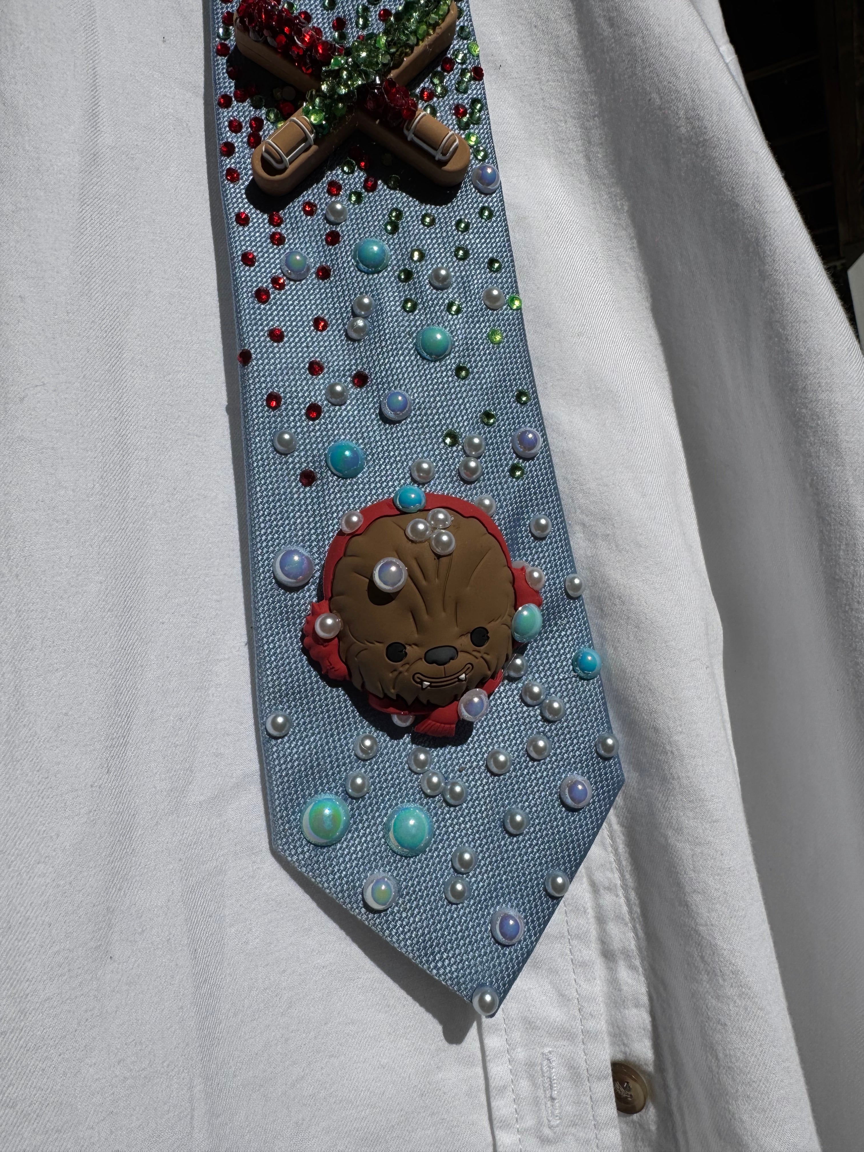Light Blue Chewbacca Under Christmas Lightsabers Star Wars Tie