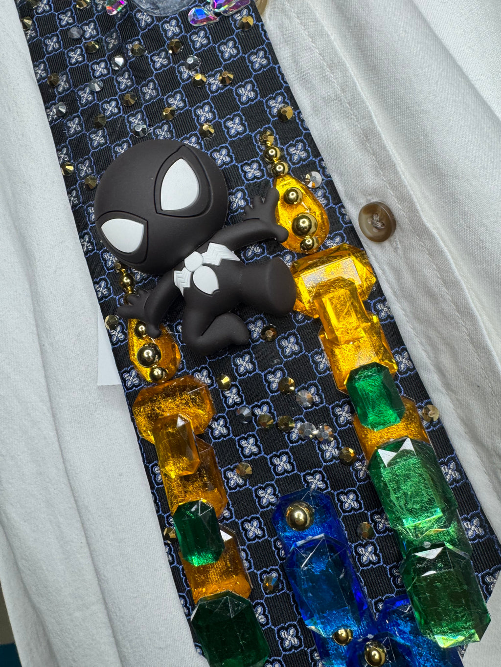 Navy Blue Symbiote Suit Spiderman On Top of Buildings at Night Tie