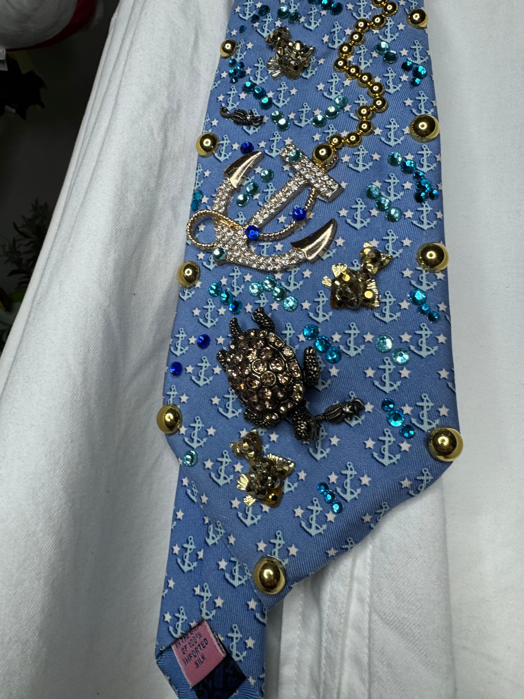Light Blue Anchor Print Ocean Floor Diamond Anchor Nautical Royalty Tie