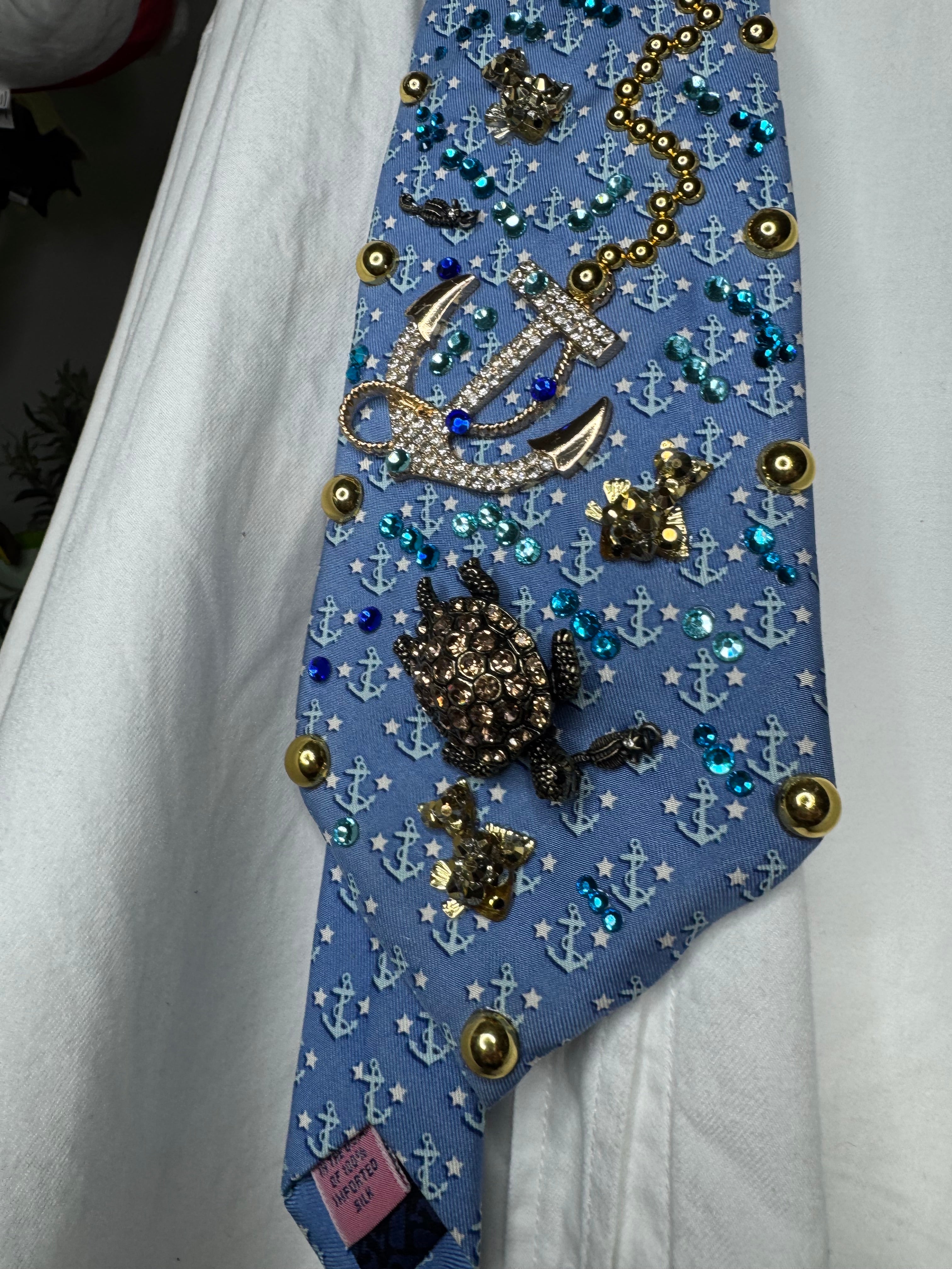 Light Blue Anchor Print Ocean Floor Diamond Anchor Nautical Royalty Tie