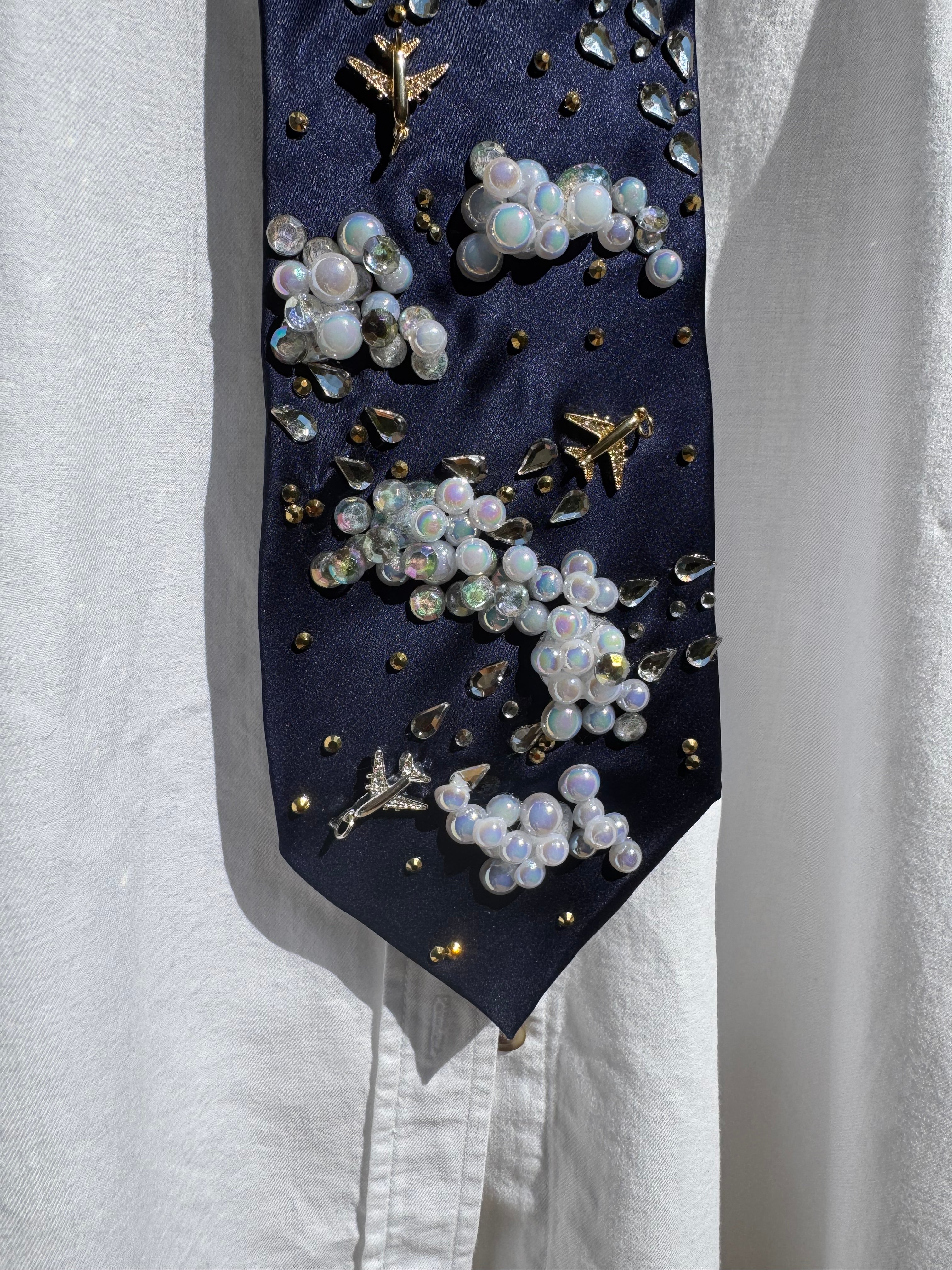 Midnight Blue Silk Clouds and Airplanes Pilot Tie
